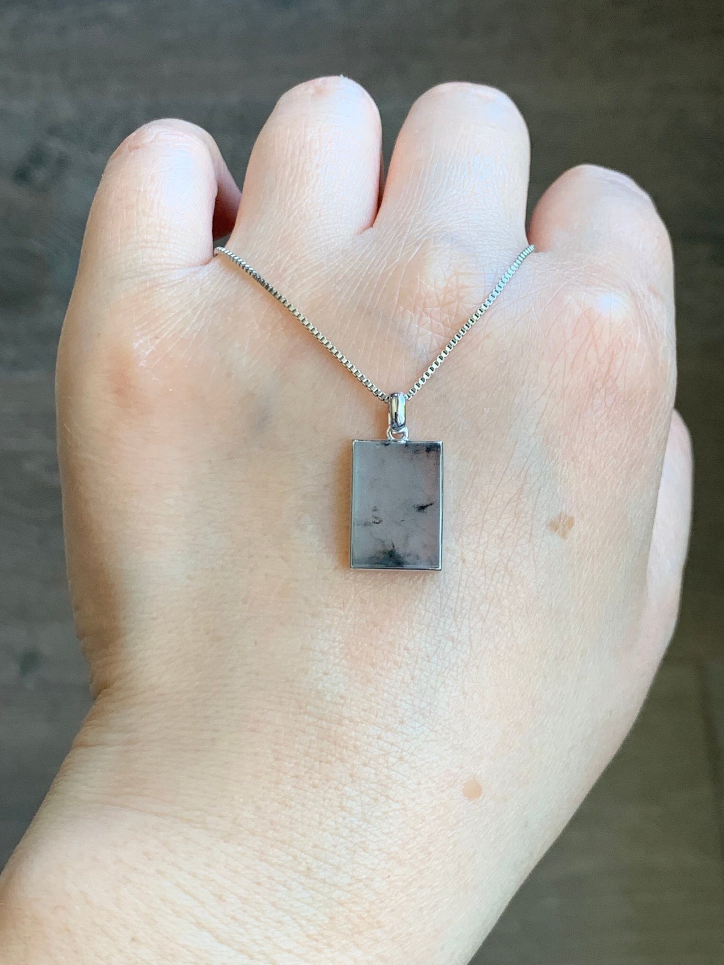 Certified Natural Burmese Icy Highly Translucent Wuji Jadeite Rectangle Wu Shi Pai Blessing Amulet 18K White Gold 天然缅甸冰胶乌鸡翡翠无事牌镶嵌吊坠 7065