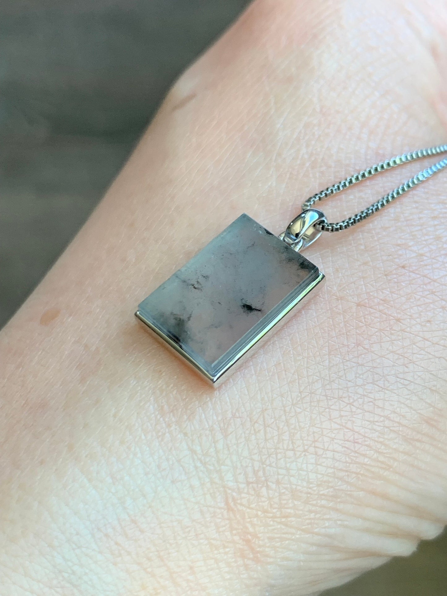 Certified Natural Burmese Icy Highly Translucent Wuji Jadeite Rectangle Wu Shi Pai Blessing Amulet 18K White Gold 天然缅甸冰胶乌鸡翡翠无事牌镶嵌吊坠 7065
