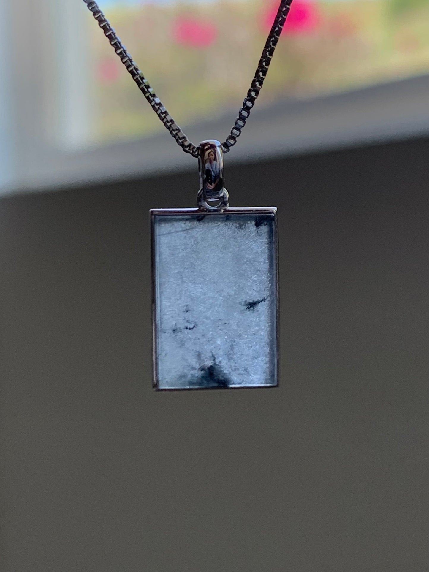 Certified Natural Burmese Icy Highly Translucent Wuji Jadeite Rectangle Wu Shi Pai Blessing Amulet 18K White Gold 天然缅甸冰胶乌鸡翡翠无事牌镶嵌吊坠 7065