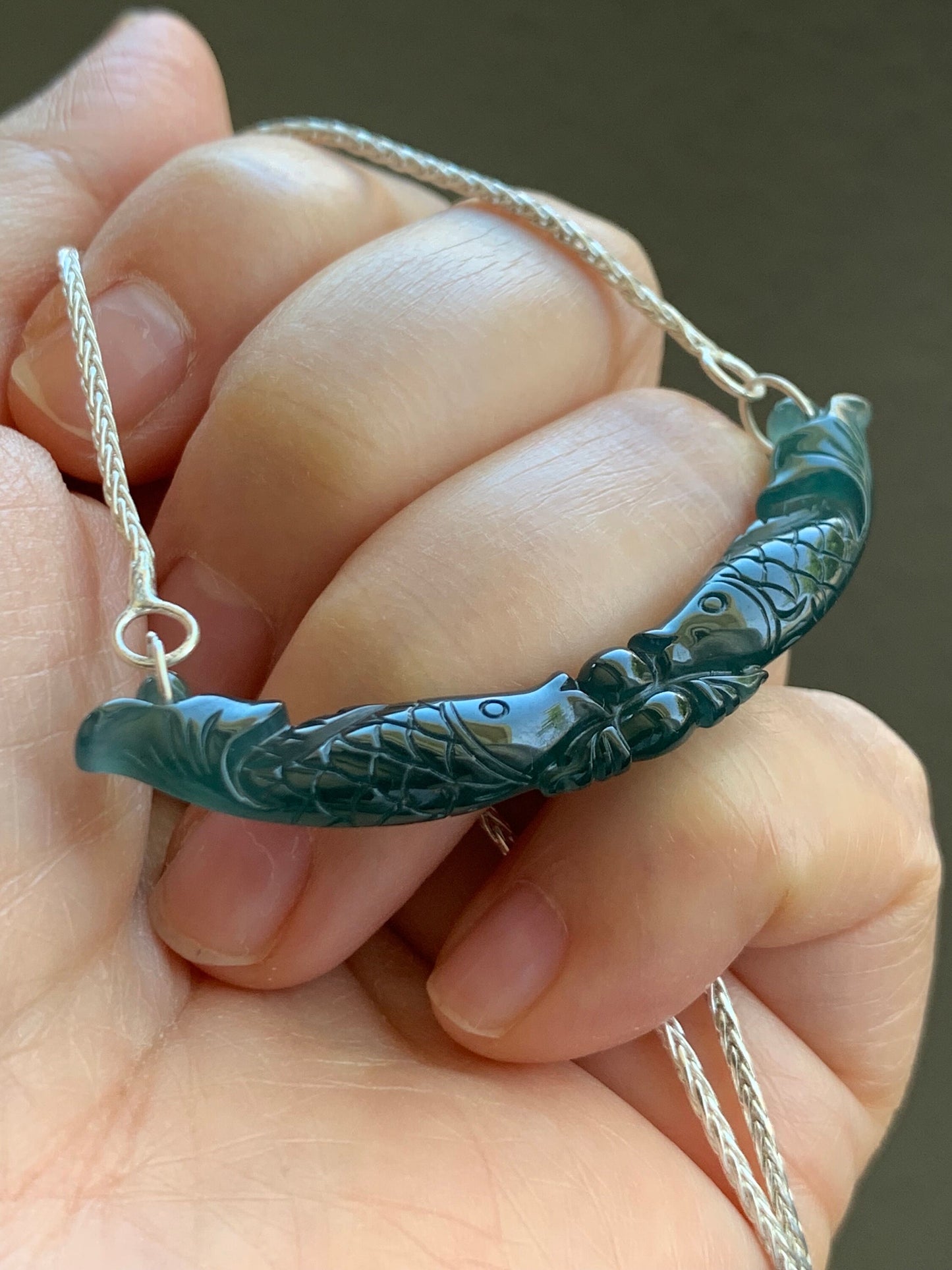 Natural Guatemalan Icy Translucent Deep Teal Blue Jadeite Double Fish Crescent Pendant 999 Sterling Silver Necklace 20” 天然冰胶危料湖水蓝翡翠双鱼玉横足银项链