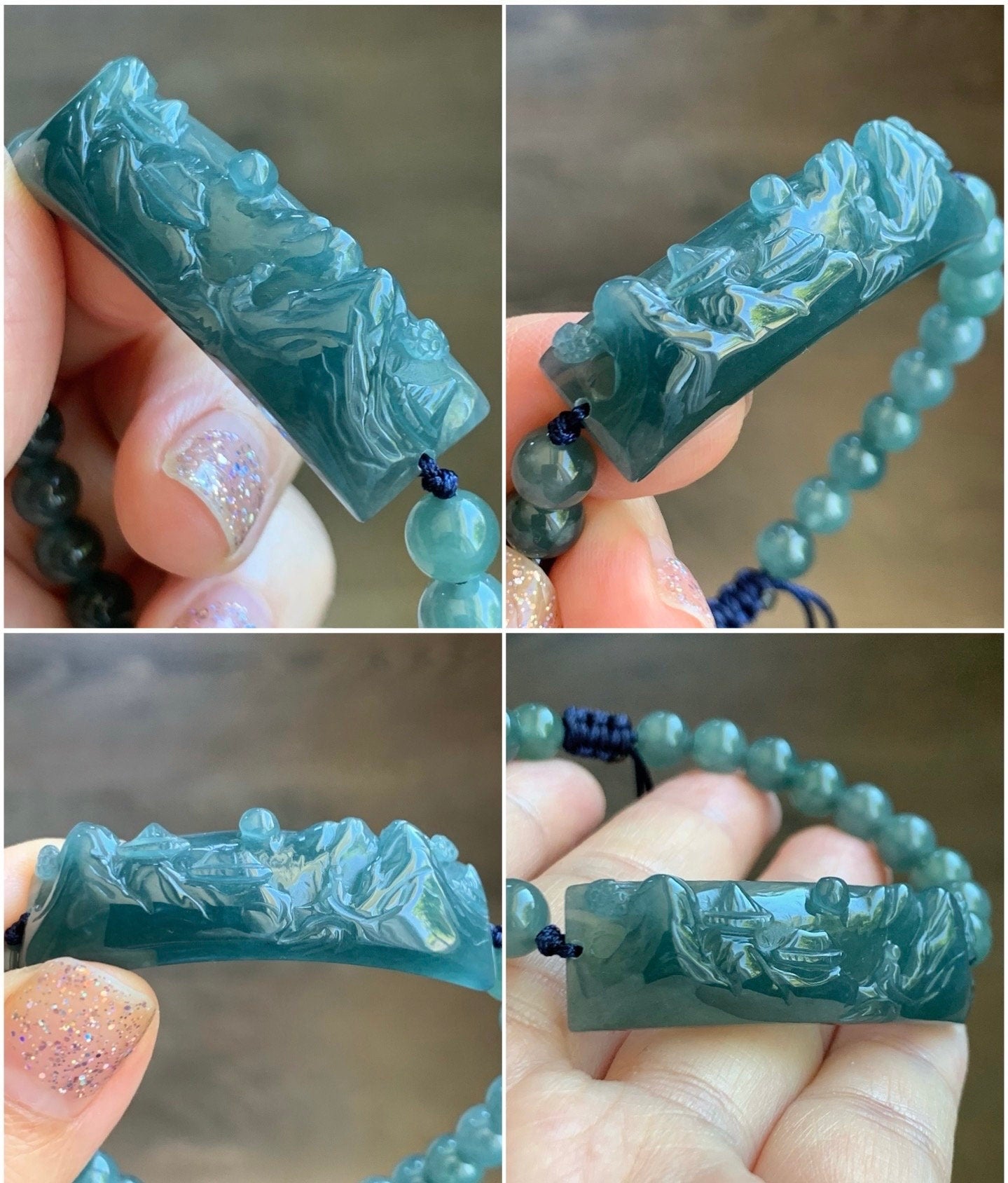 Natural Guatemalan Icy Translucent Gelatinous Dusty Teal Blue Jadeite Carved Shan Shui Cuff Beaded Bracelet 6.75” 19g 天然冰危蓝绿翡翠山水牌手串