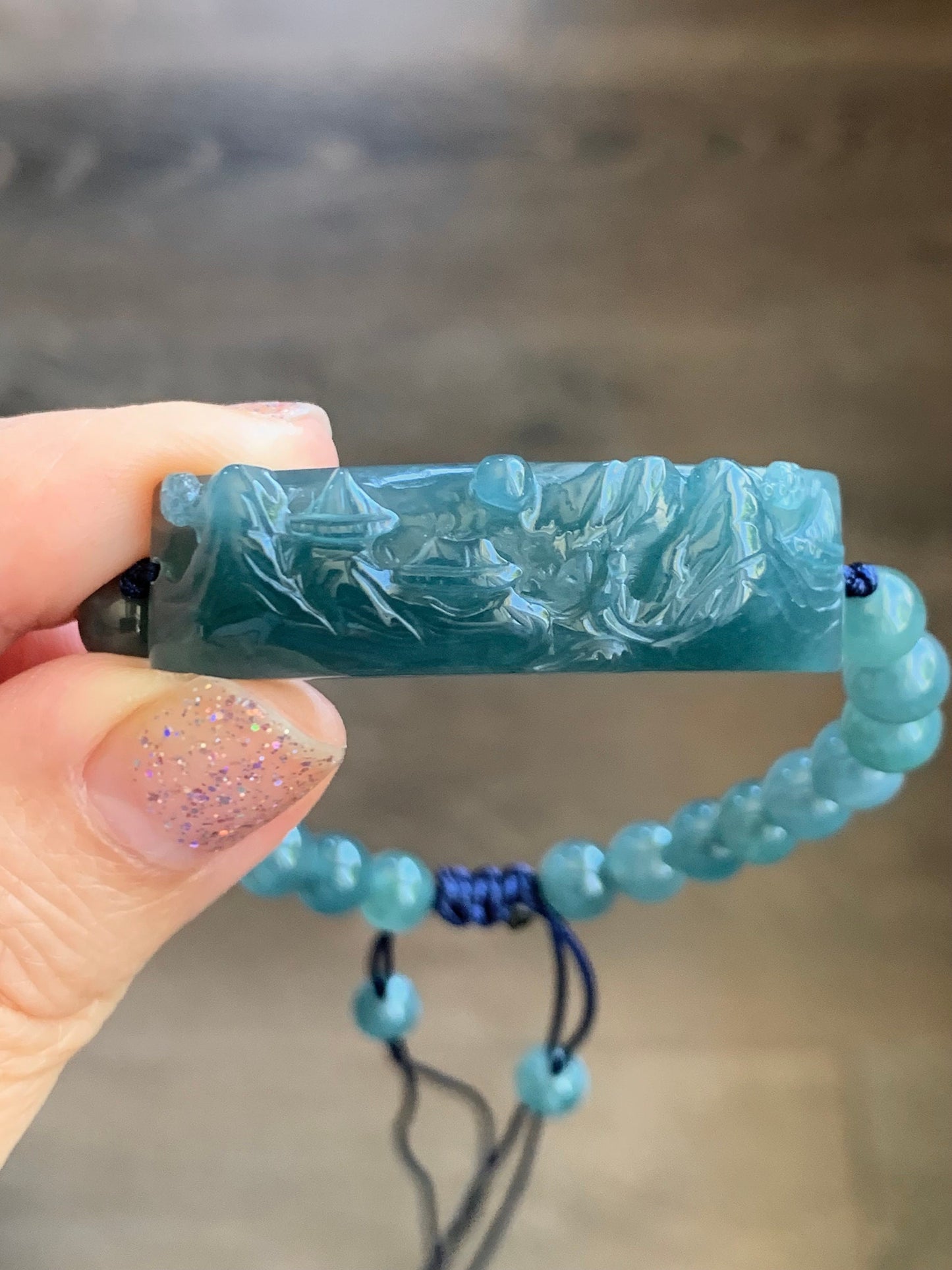 Natural Guatemalan Icy Translucent Gelatinous Dusty Teal Blue Jadeite Carved Shan Shui Cuff Beaded Bracelet 6.75” 19g 天然冰危蓝绿翡翠山水牌手串