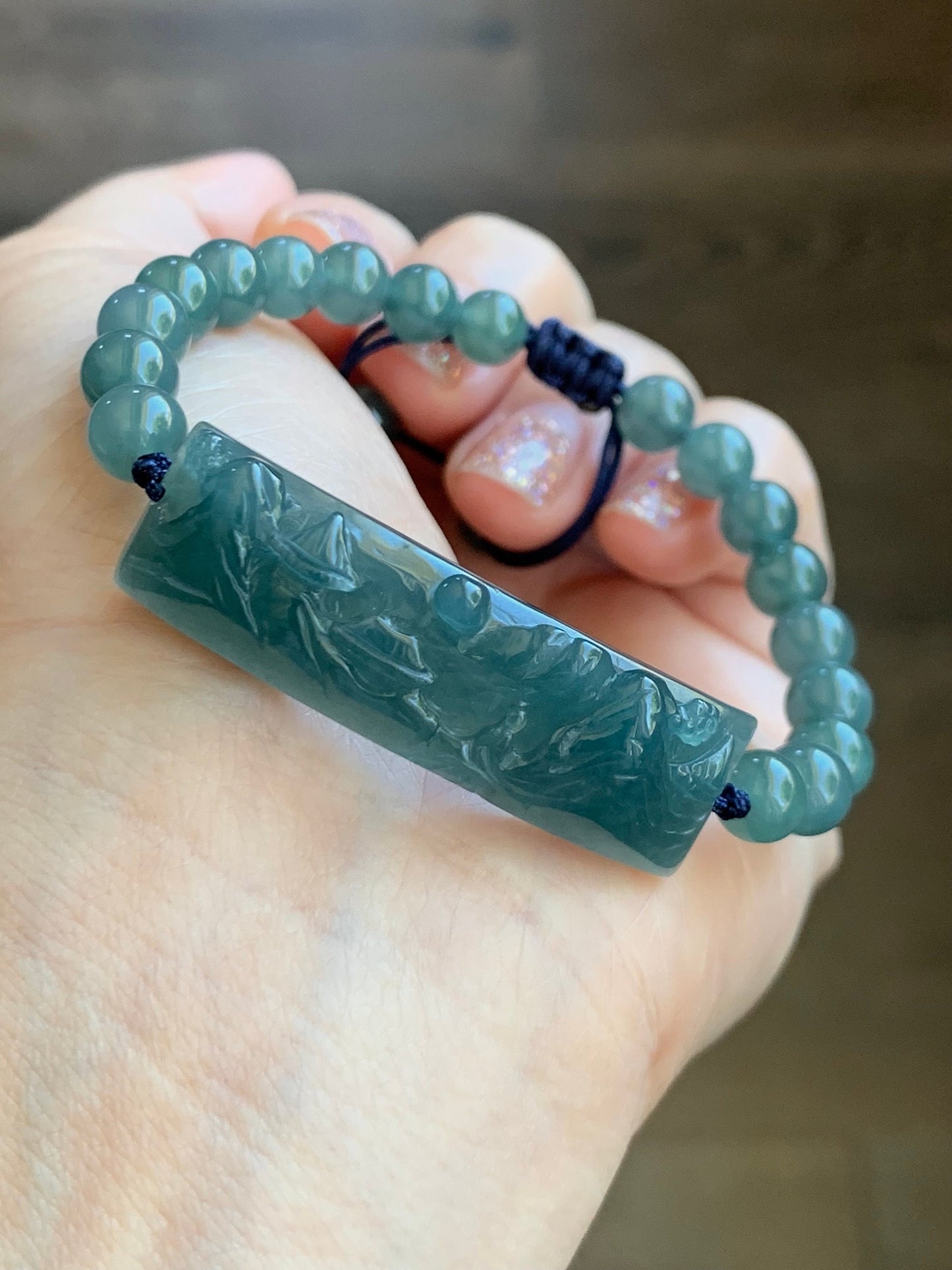 Natural Guatemalan Icy Translucent Gelatinous Dusty Teal Blue Jadeite Carved Shan Shui Cuff Beaded Bracelet 6.75” 19g 天然冰危蓝绿翡翠山水牌手串