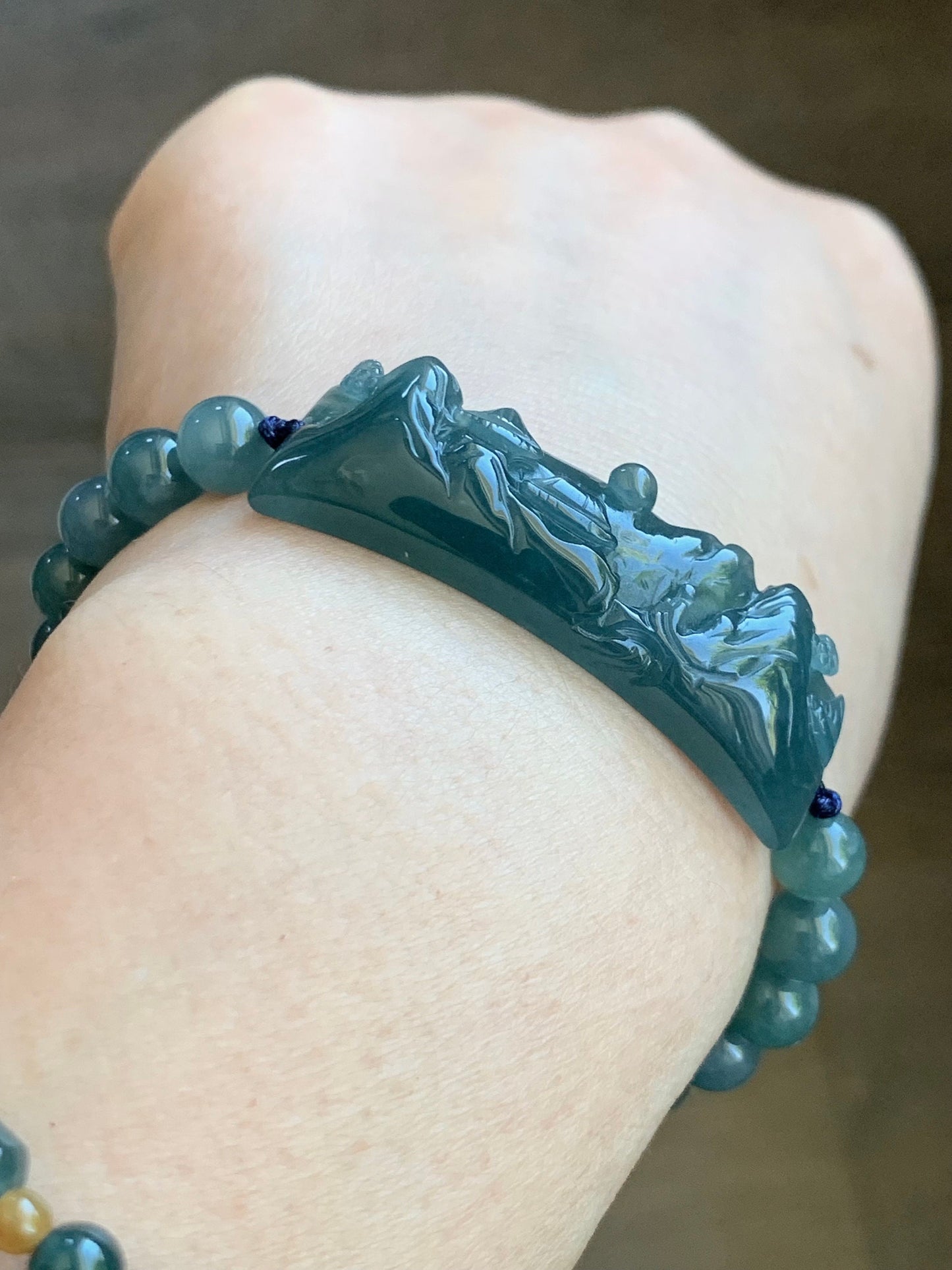 Natural Guatemalan Icy Translucent Gelatinous Dusty Teal Blue Jadeite Carved Shan Shui Cuff Beaded Bracelet 6.75” 19g 天然冰危蓝绿翡翠山水牌手串