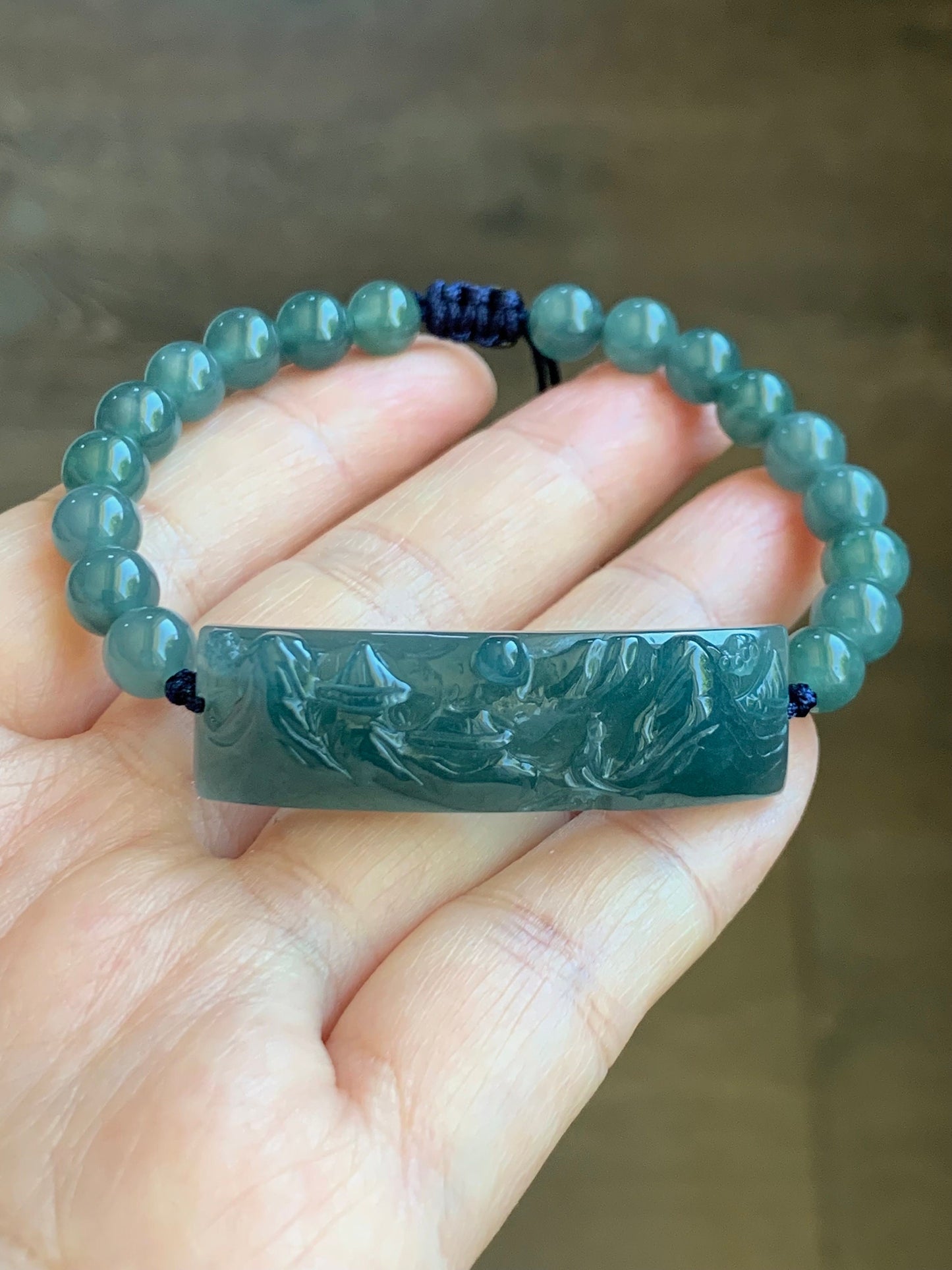 Natural Guatemalan Icy Translucent Gelatinous Dusty Teal Blue Jadeite Carved Shan Shui Cuff Beaded Bracelet 6.75” 19g 天然冰危蓝绿翡翠山水牌手串
