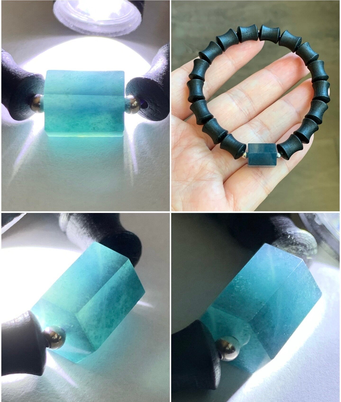 Natural Guatemalan Icy Translucent Indigo Blue Jadeite Hexagonal Prism Bead Vietnamese Agarwood Beaded Bracelet 6.75” 天然冰危牛仔蓝翡翠六棱珠越南土沉香木珠手串