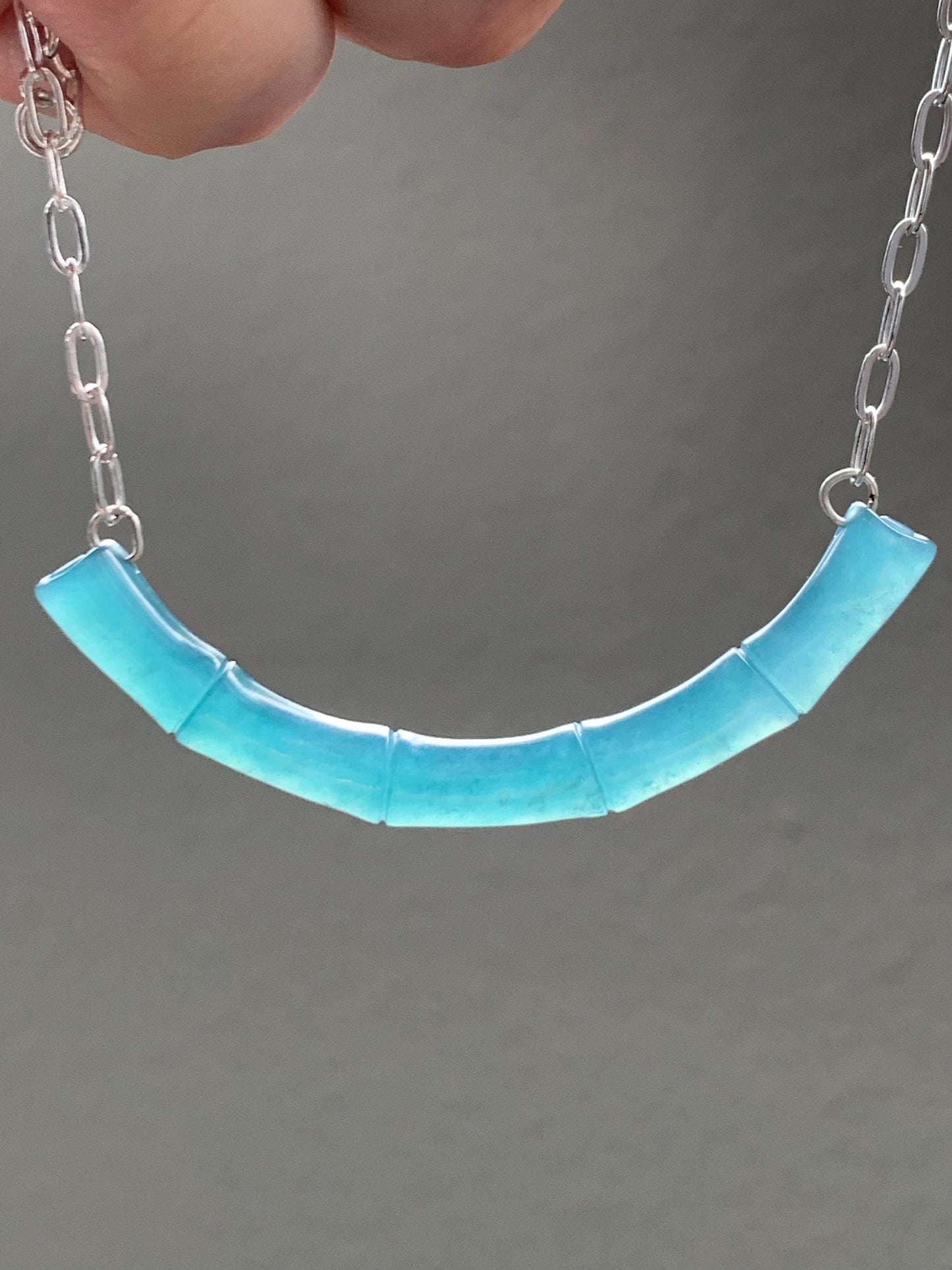 Natural Guatemalan Icy Translucent Deep Blue Jadeite Bamboo Crescent Pendant 999 Sterling Silver Necklace 20” Adjustable 天然冰胶危料深蓝水翡翠竹节玉横足银项链