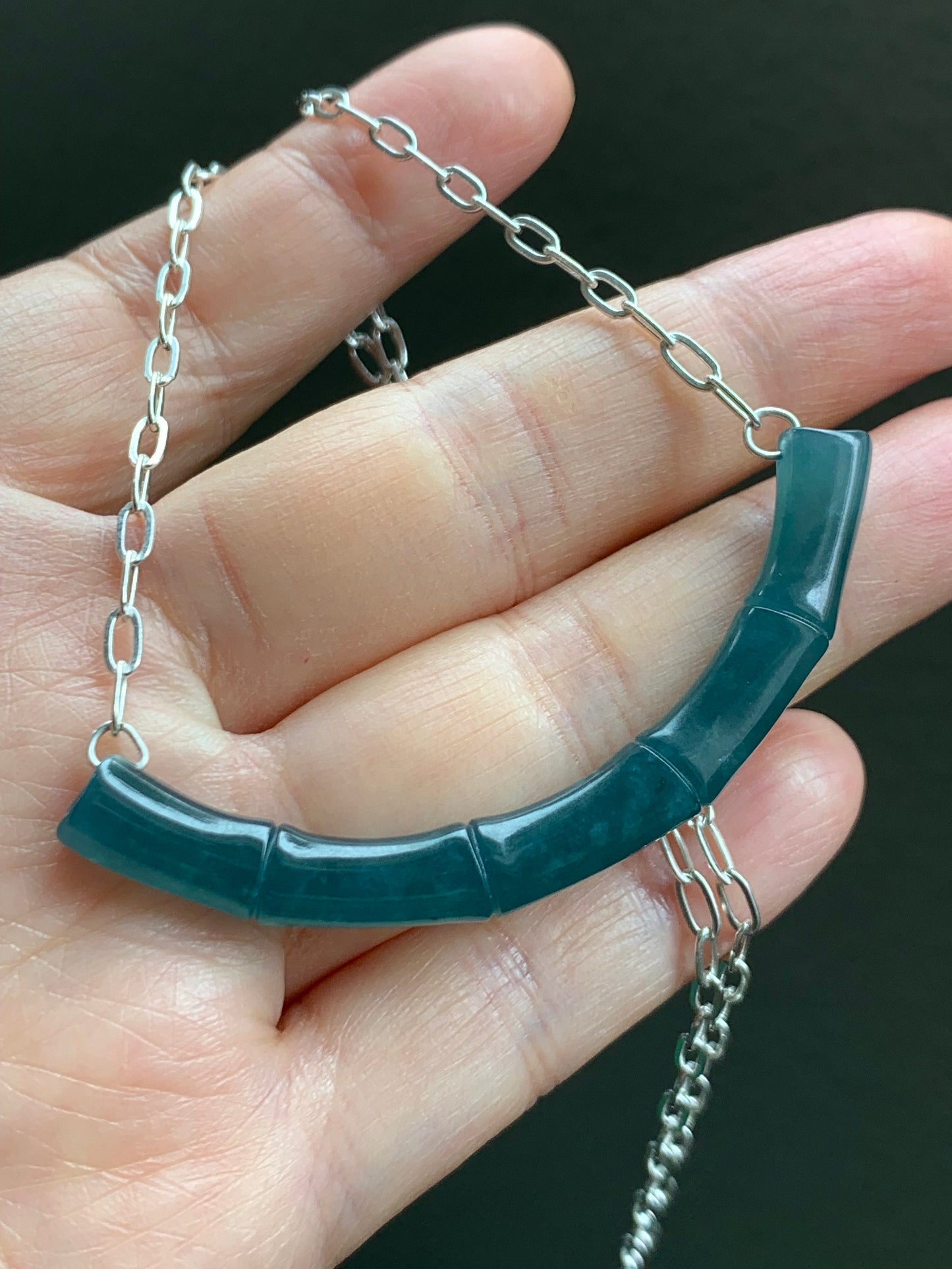 Natural Guatemalan Icy Translucent Deep Blue Jadeite Bamboo Crescent Pendant 999 Sterling Silver Necklace 20” Adjustable 天然冰胶危料深蓝水翡翠竹节玉横足银项链