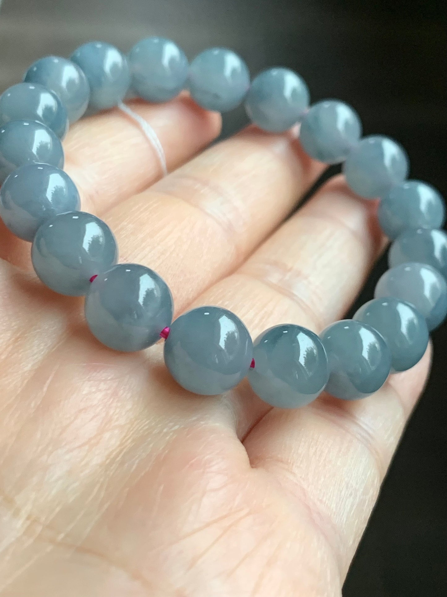 Certified Natural Guatemalan Icy Highly Translucent Dusty Purplish Blue Jadeite Beaded Bracelet 9.6mm 6.75” 30.06g 天然老种冰危蓝紫飘花翡翠圆珠手串 1496