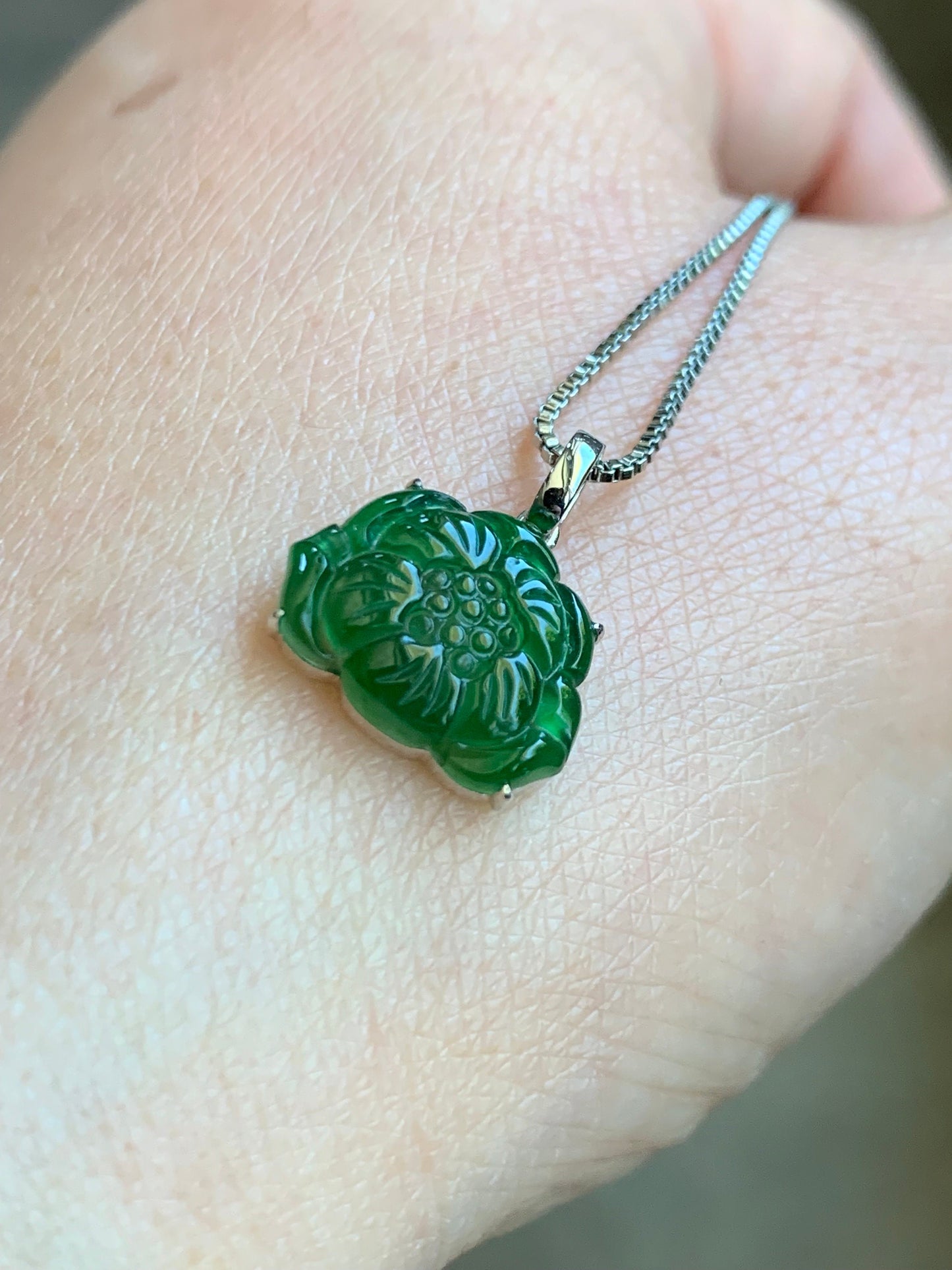 Certified Natural Guatemalan Icy Highly Translucent Green Jadeite Carved Lotus Flower Petite Pendant 18K White Gold 天然冰透危绿翡翠荷花镶嵌吊坠 1450