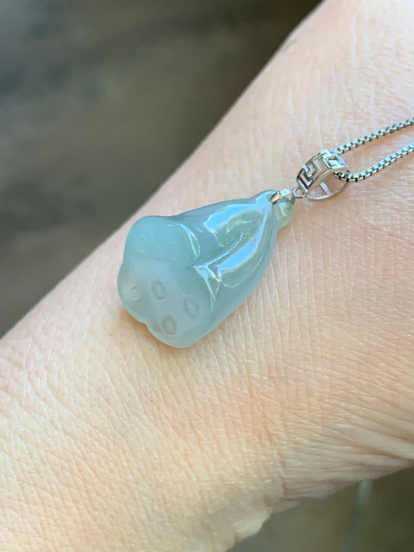 Natural Burmese Icy Translucent Gelatinous Light Green Jadeite Carved Lotus Pod Pendant 18K White Gold 天然缅甸冰晴底翡翠莲蓬镶嵌吊坠
