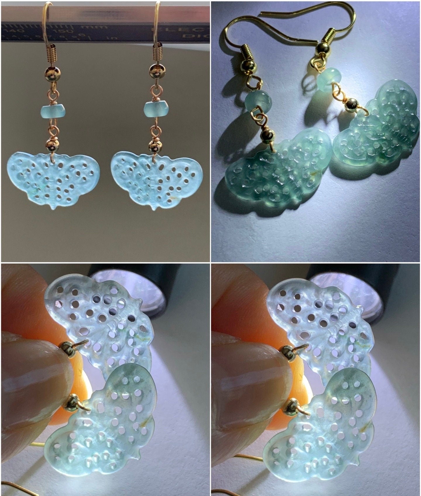Natural Guatemalan Icy Highly Translucent Light Blue Jadeite Openwork Engraved Butterfly Dangle Earrings 14K gold plated 天然冰危蓝翡翠镂空雕蝴蝶包金耳钩