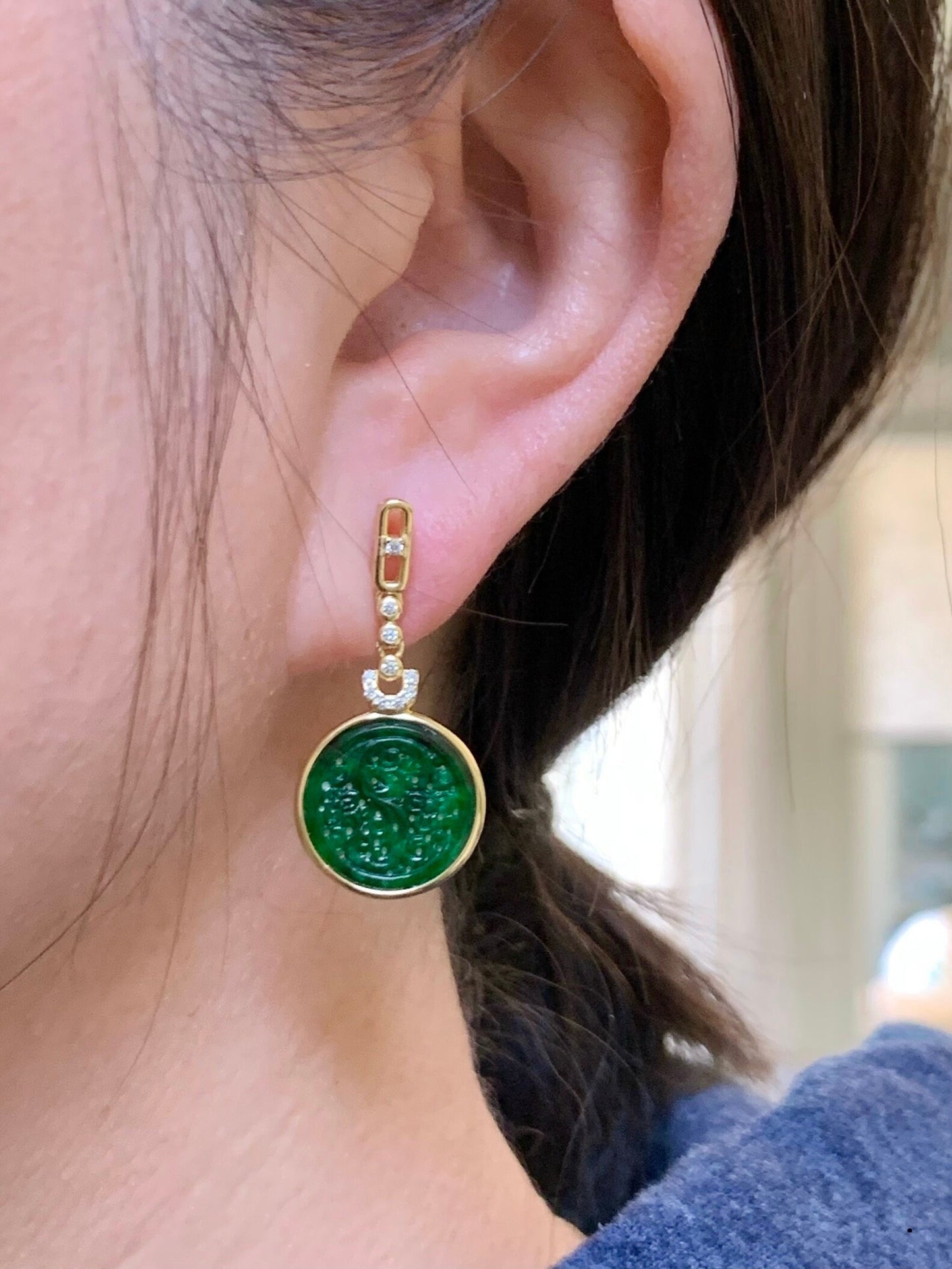 Certified Natural Burmese Grade A Icy Rich Green Jadeite Engraved Coin Dangle Earrings Sterling Silver YG Overlay 天然缅甸冰浓绿翡翠仿古雕银镶耳环 7121
