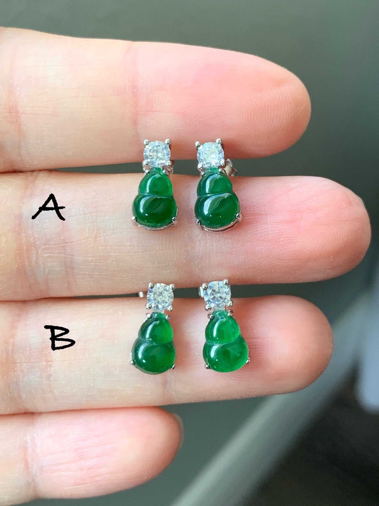 Natural Guatemalan Icy Translucent Green Jadeite Gourd Hulu Stud Earrings S925 Sterling Silver Yellow Gold Overlay 天然冰危绿翡翠葫芦银镶耳钉