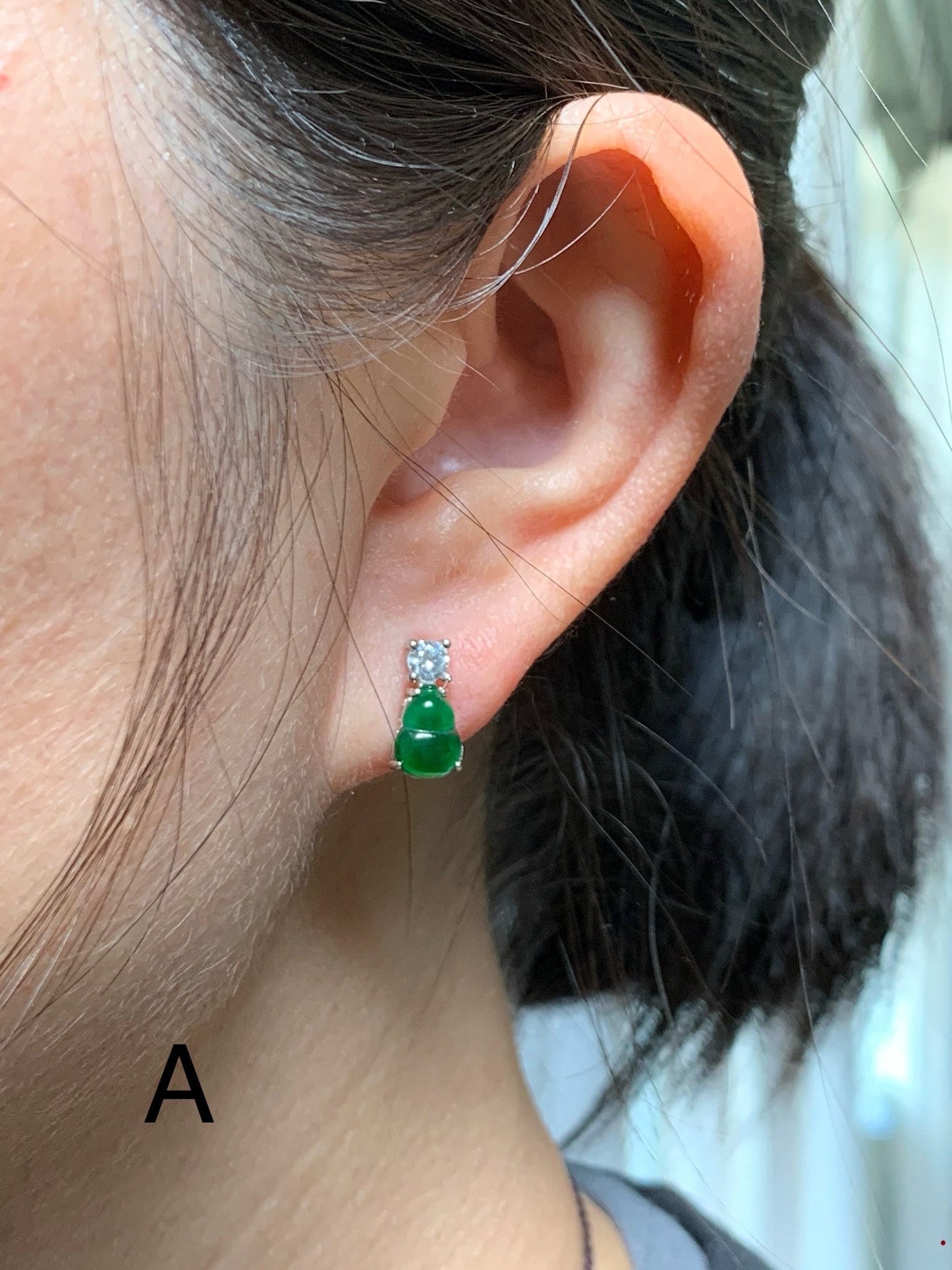 Natural Guatemalan Icy Translucent Green Jadeite Gourd Hulu Stud Earrings S925 Sterling Silver Yellow Gold Overlay 天然冰危绿翡翠葫芦银镶耳钉