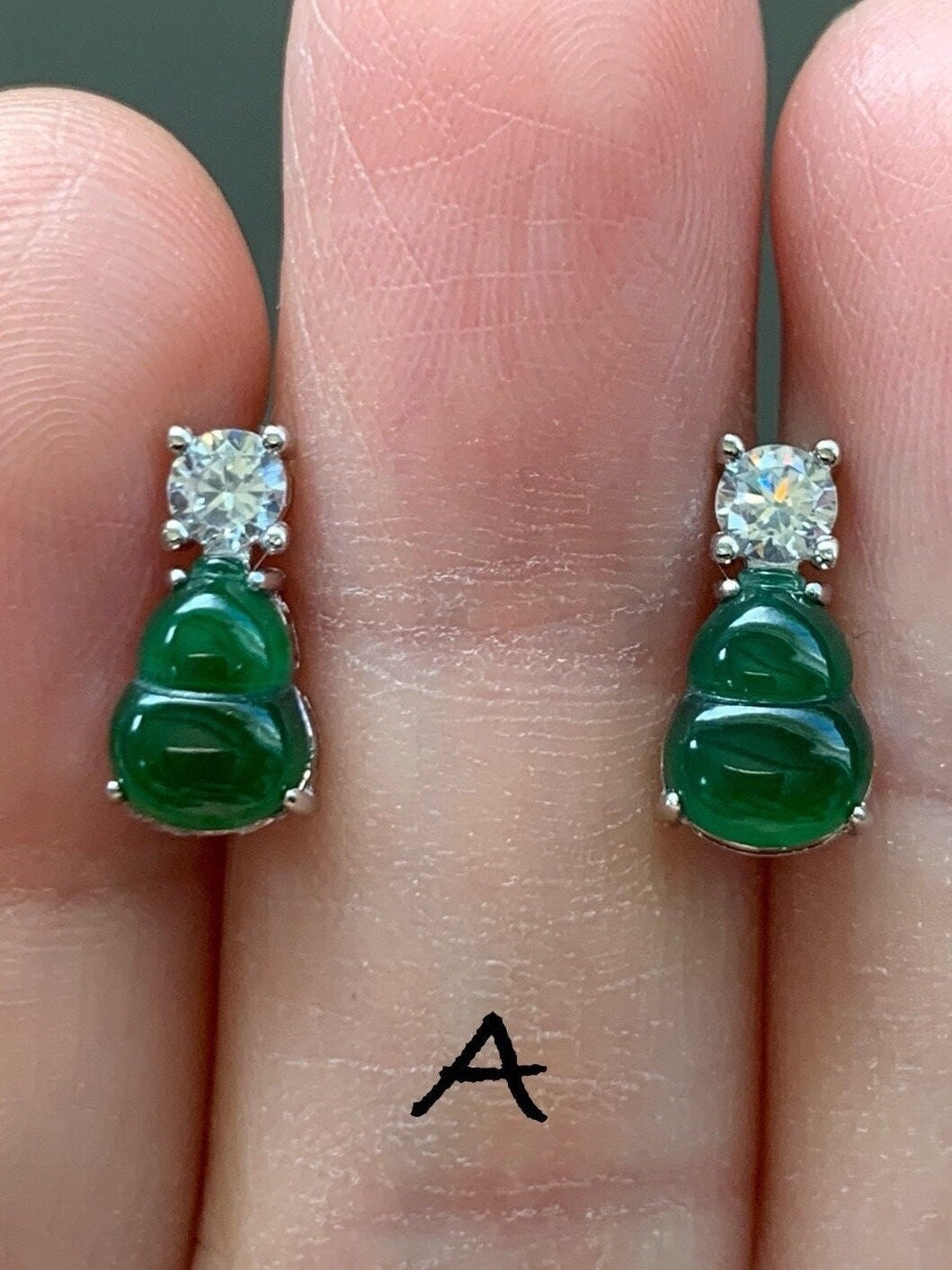 Natural Guatemalan Icy Translucent Green Jadeite Gourd Hulu Stud Earrings S925 Sterling Silver Yellow Gold Overlay 天然冰危绿翡翠葫芦银镶耳钉