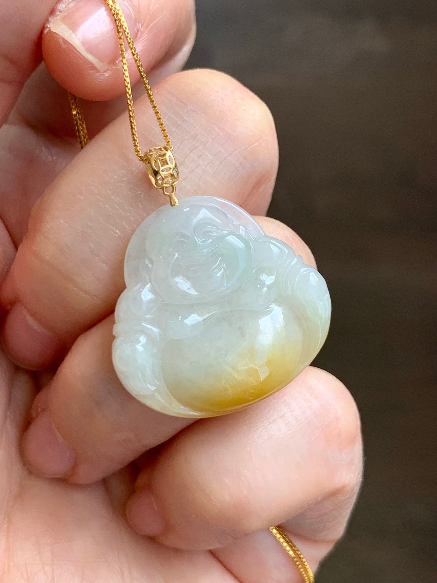 Natural Burmese Icy Translucent White Yellow & Light Green Marbled Tricolored Jadeite Buddha Pendant 18K Yellow Gold 天然缅甸白冰三彩翡翠佛公镶嵌吊坠