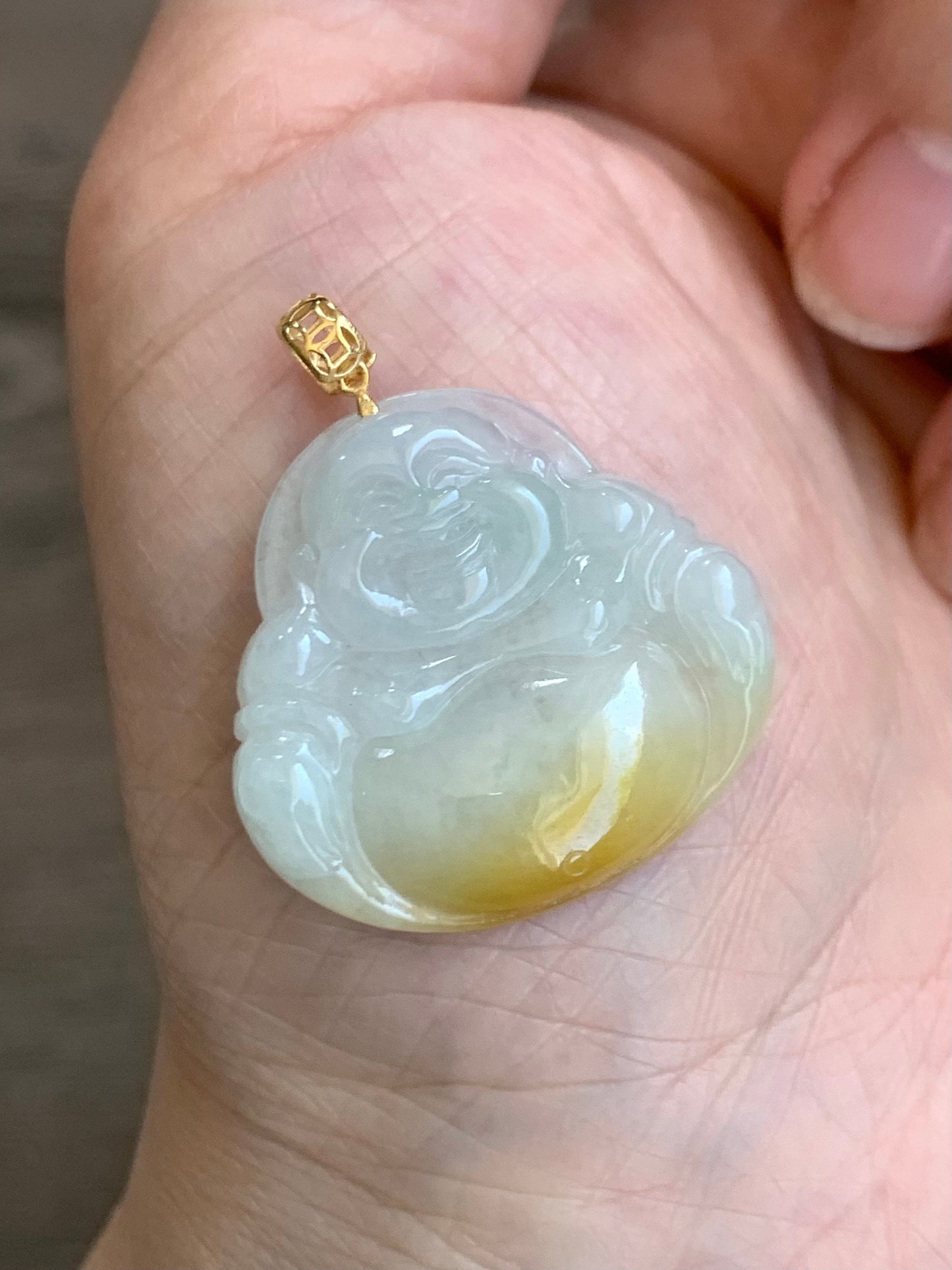 Natural Burmese Icy Translucent White Yellow & Light Green Marbled Tricolored Jadeite Buddha Pendant 18K Yellow Gold 天然缅甸白冰三彩翡翠佛公镶嵌吊坠