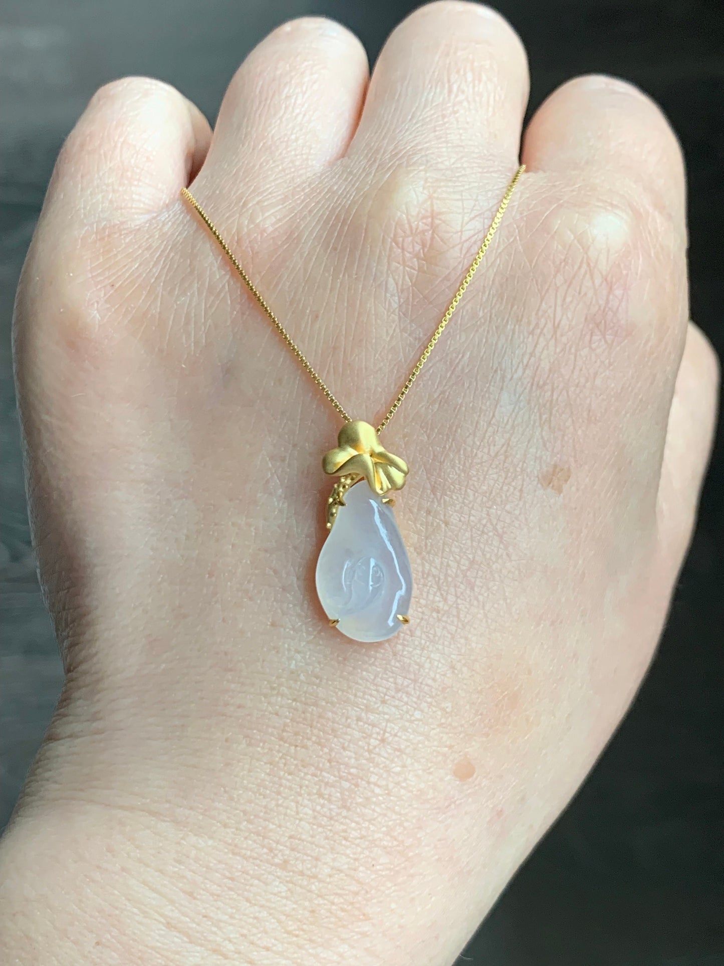 Certified Natural Burmese Icy Translucent Gelatinous Icy White Jadeite Koi Fish & Lily Pad Pendant 18K Yellow Gold 天然缅甸冰胶起光白冰翡翠荷叶鱼镶嵌吊 6846