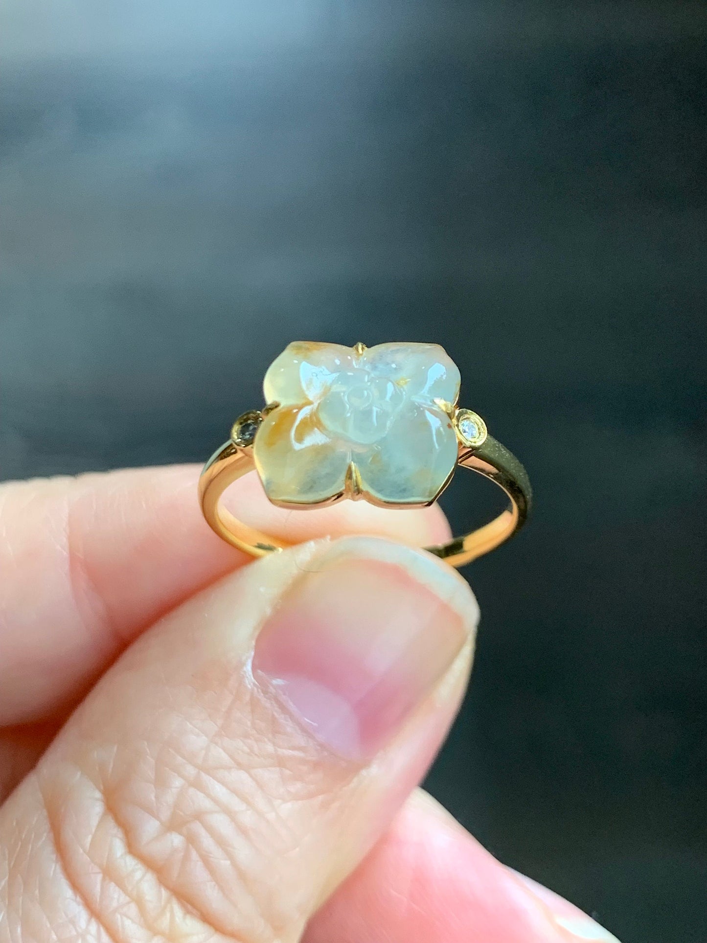 Certified Natural Burmese Icy Highly Translucent Light Yellow Cognac Marbled Jadeite Flower Ring 18K Yellow Gold Sz 7.25 天然缅甸冰糖黄撒金翡翠钻石镶嵌戒指