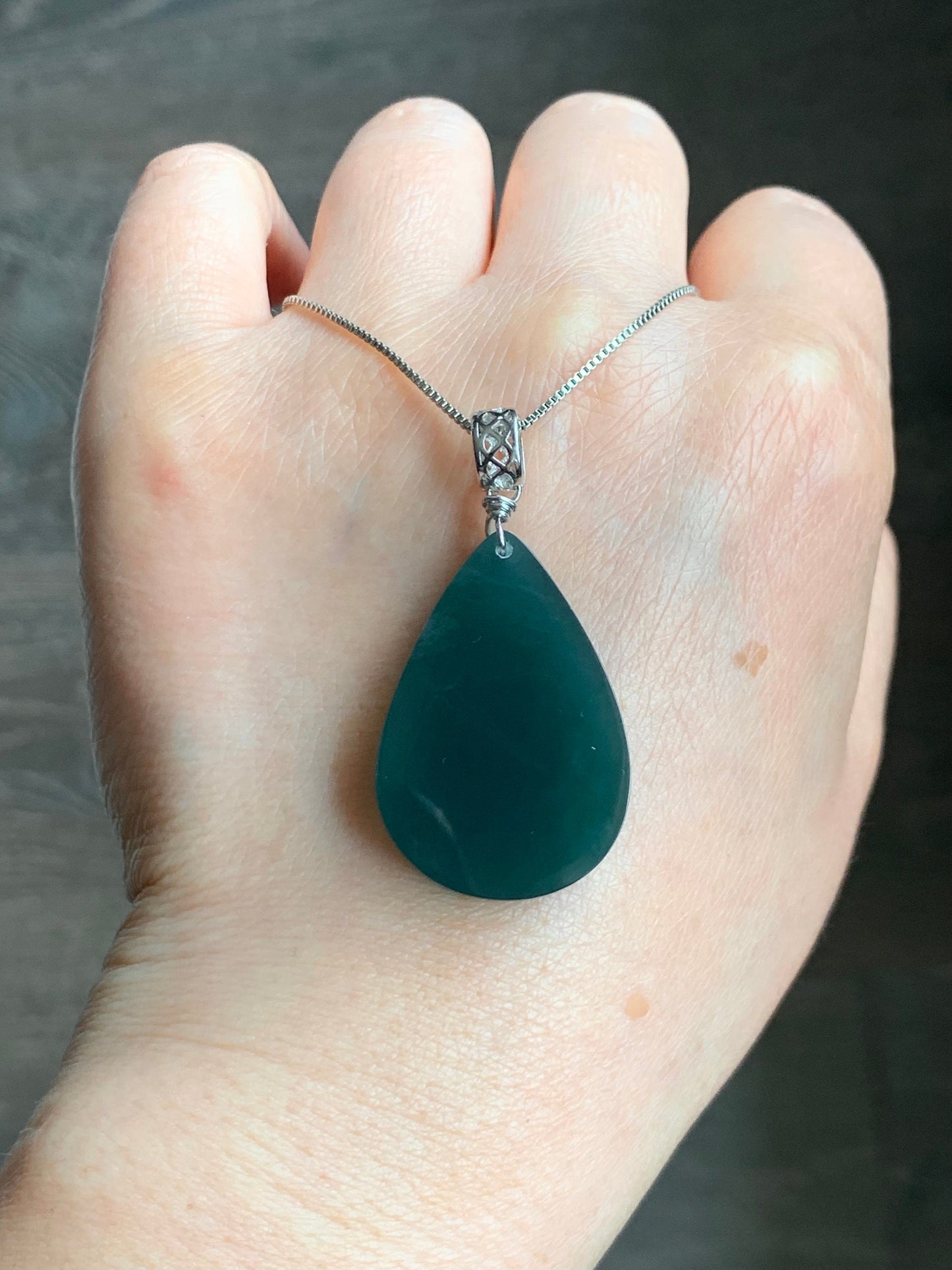 Natural Guatemalan Icy Translucent Gelatinous Intense Teal Blue Jadeite Teardrop Wu Shi Pai Pendant Sterling Silver Bail 19g 天然冰危湖水蓝翡翠素面水滴吊坠