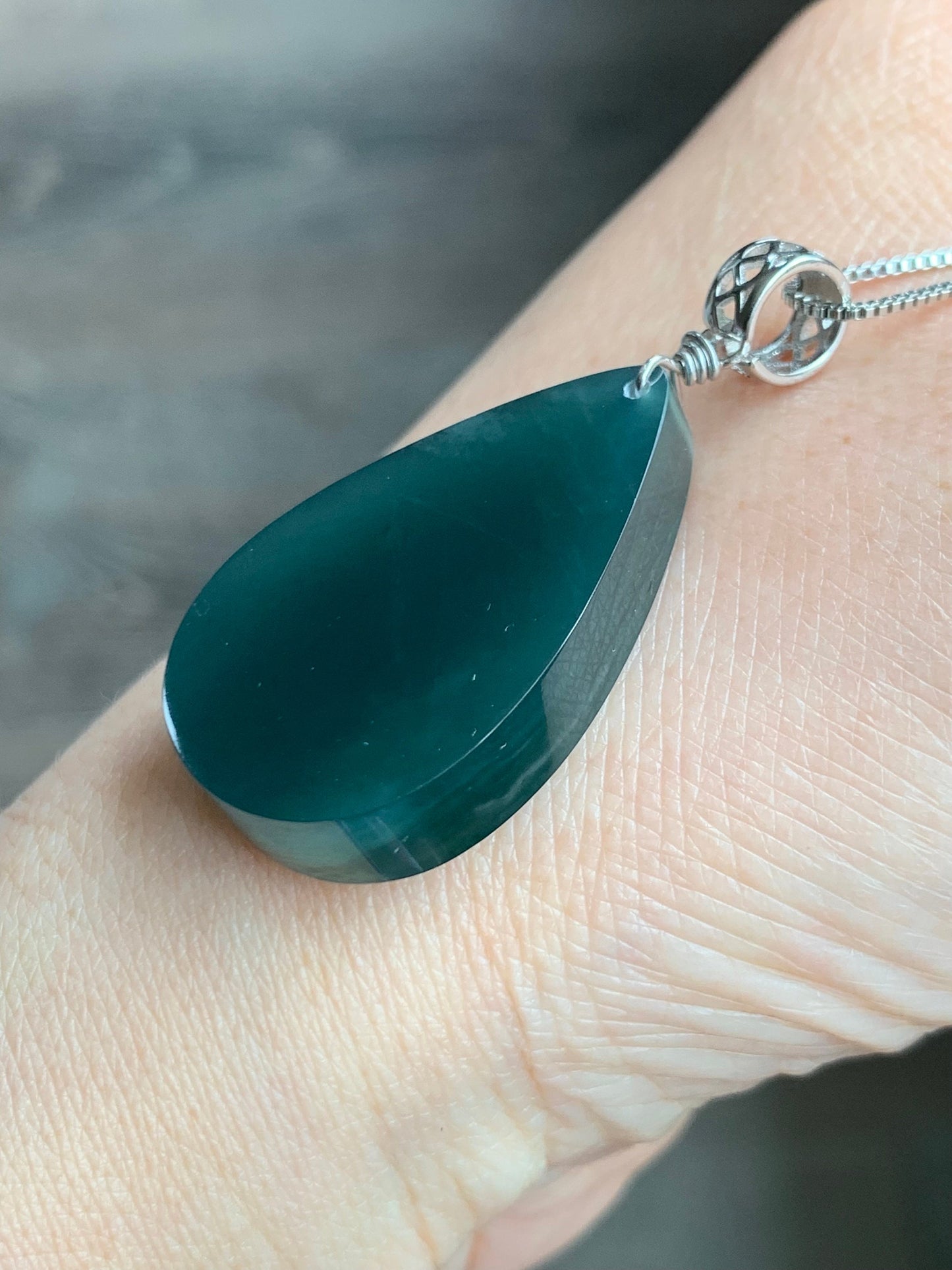 Natural Guatemalan Icy Translucent Gelatinous Intense Teal Blue Jadeite Teardrop Wu Shi Pai Pendant Sterling Silver Bail 19g 天然冰危湖水蓝翡翠素面水滴吊坠