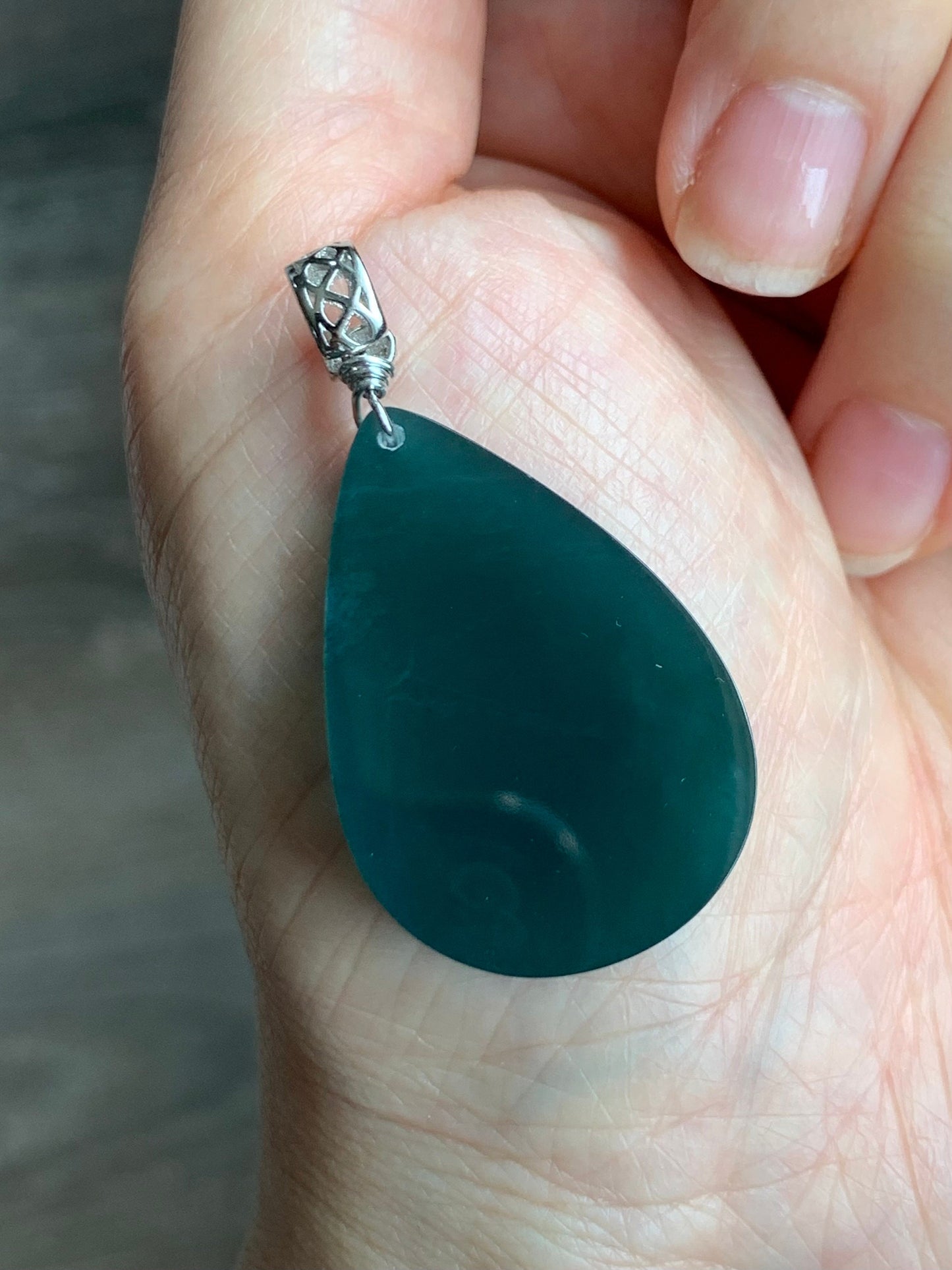 Natural Guatemalan Icy Translucent Gelatinous Intense Teal Blue Jadeite Teardrop Wu Shi Pai Pendant Sterling Silver Bail 19g 天然冰危湖水蓝翡翠素面水滴吊坠