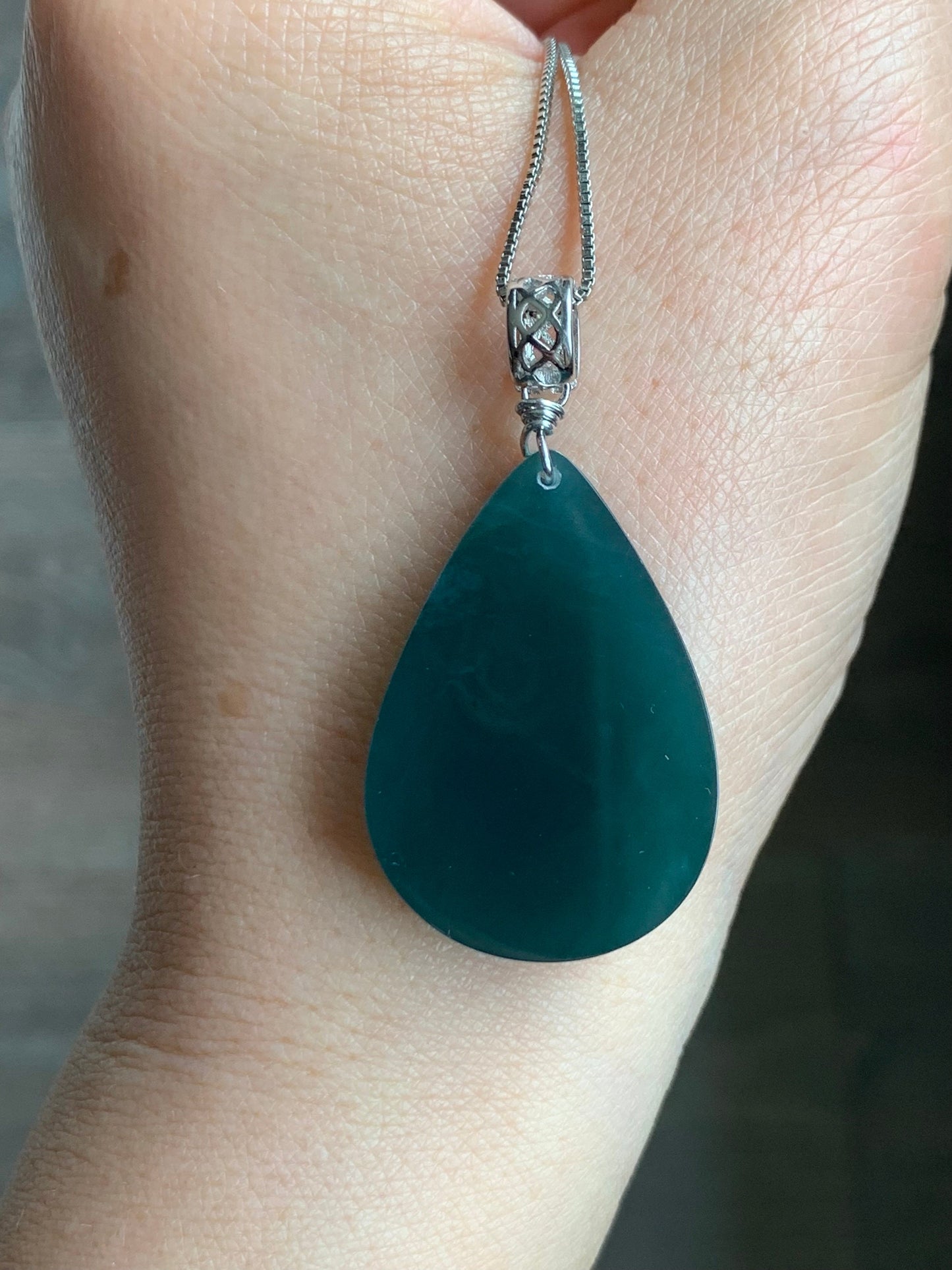 Natural Guatemalan Icy Translucent Gelatinous Intense Teal Blue Jadeite Teardrop Wu Shi Pai Pendant Sterling Silver Bail 19g 天然冰危湖水蓝翡翠素面水滴吊坠