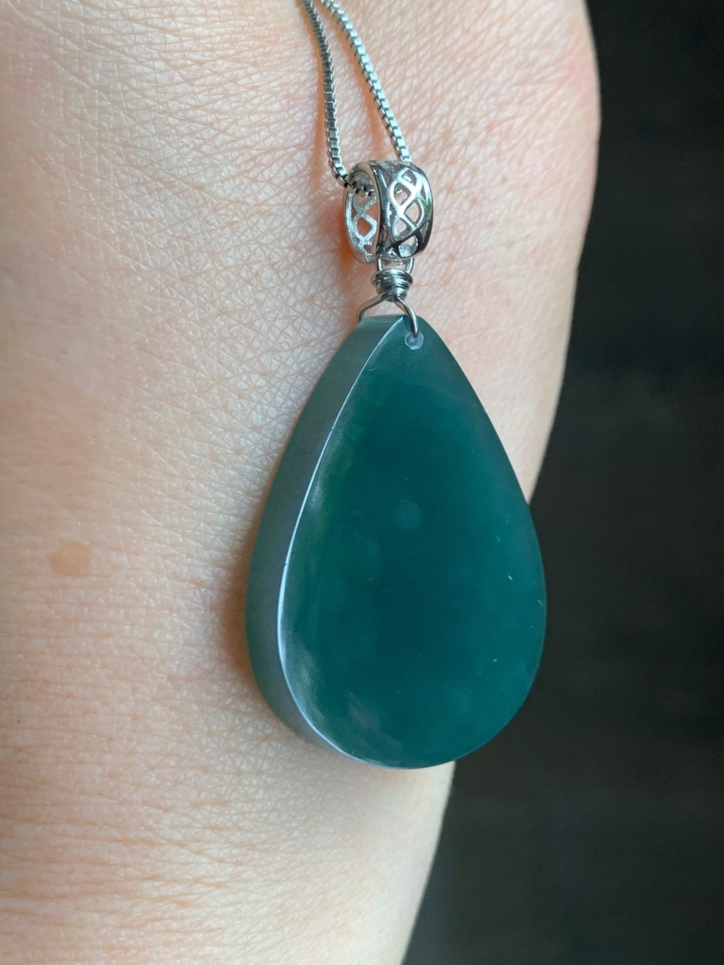 Natural Guatemalan Icy Translucent Gelatinous Intense Teal Blue Jadeite Teardrop Wu Shi Pai Pendant Sterling Silver Bail 19g 天然冰危湖水蓝翡翠素面水滴吊坠