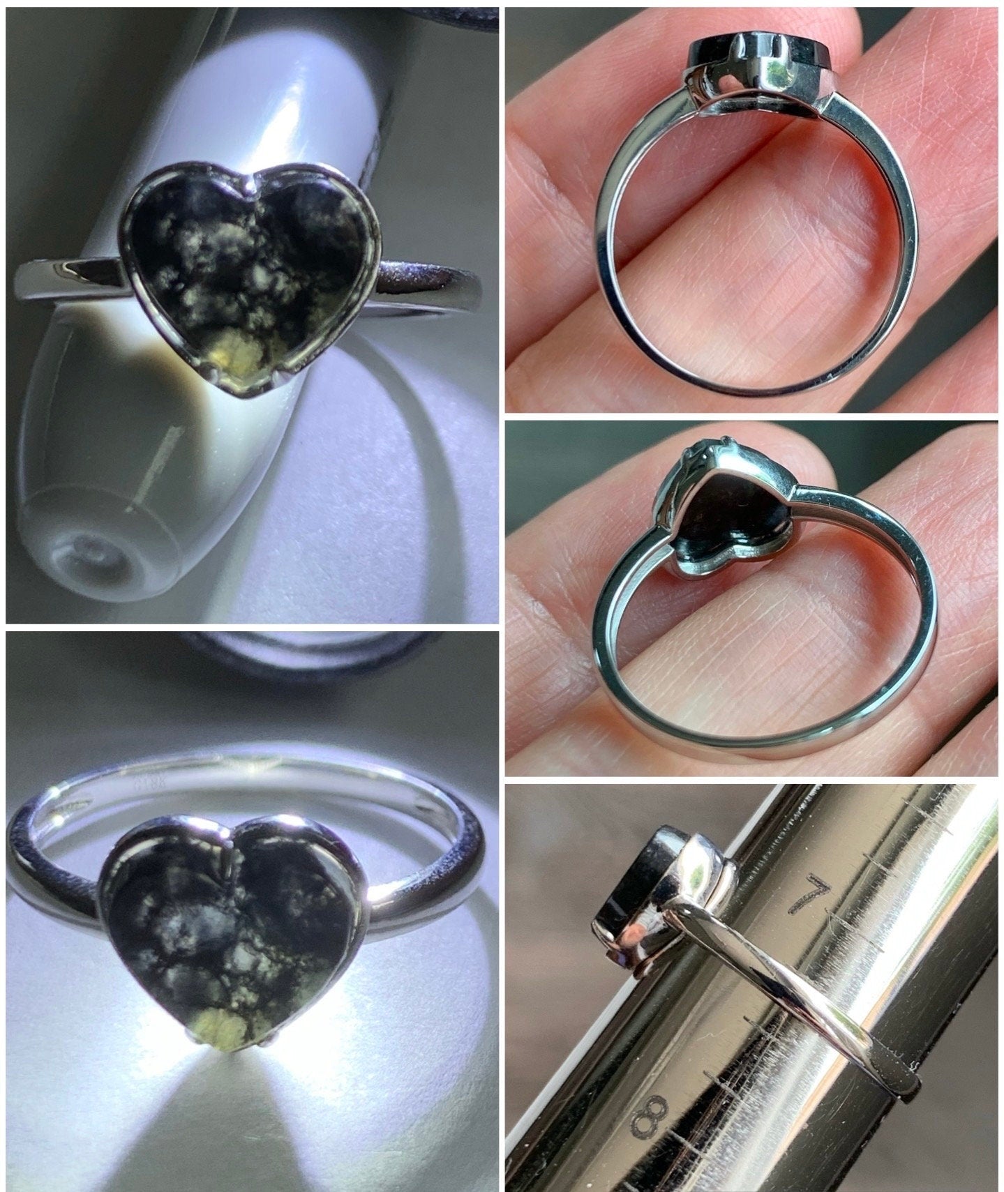 Certified Natural Burmese Icy Translucent Dark Wuji Jadeite Heart Ring 18K White Gold Size 7.25 2.23g 天然缅甸冰乌鸡翡翠爱心蛋面镶嵌戒指 7046