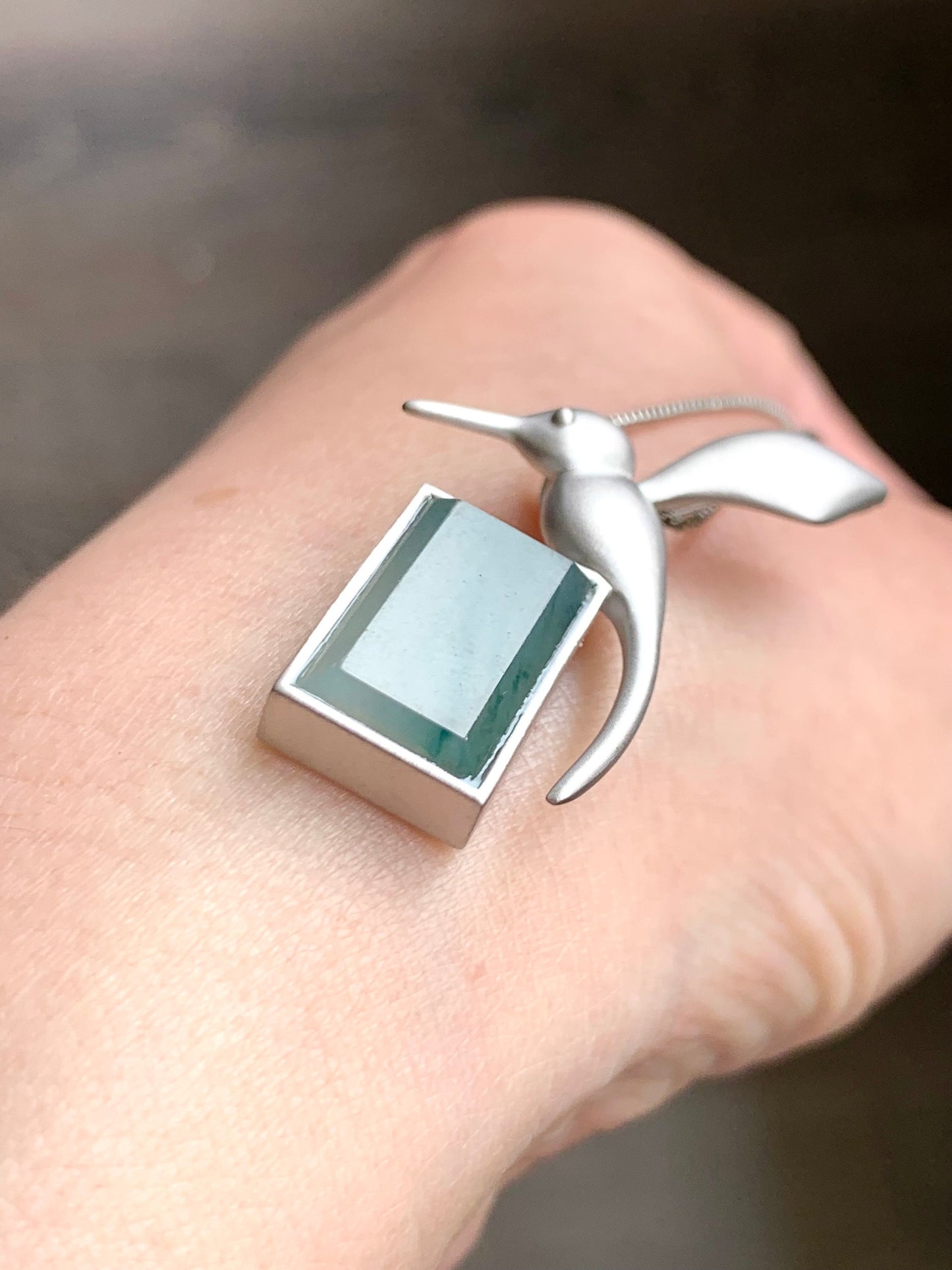 Certified Natural Burmese Icy Translucent Light Green Green Marbled Jadeite Hummingbird Pendant Sterling Silver 6.6g 天然缅甸冰飘花翡翠无事牌蜂鸟吊坠 7060