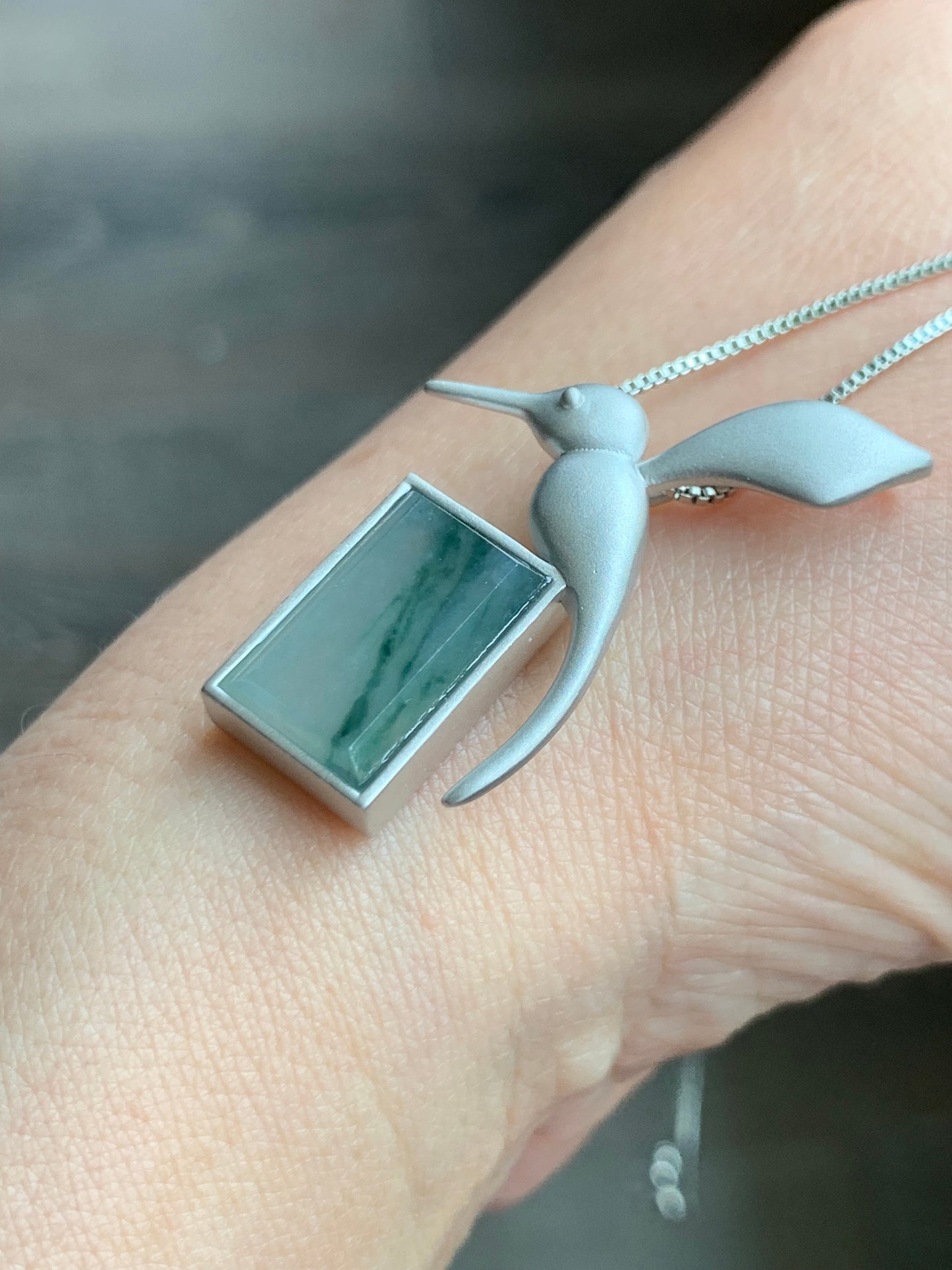 Certified Natural Burmese Icy Translucent Light Green Green Marbled Jadeite Hummingbird Pendant Sterling Silver 6.6g 天然缅甸冰飘花翡翠无事牌蜂鸟吊坠 7060