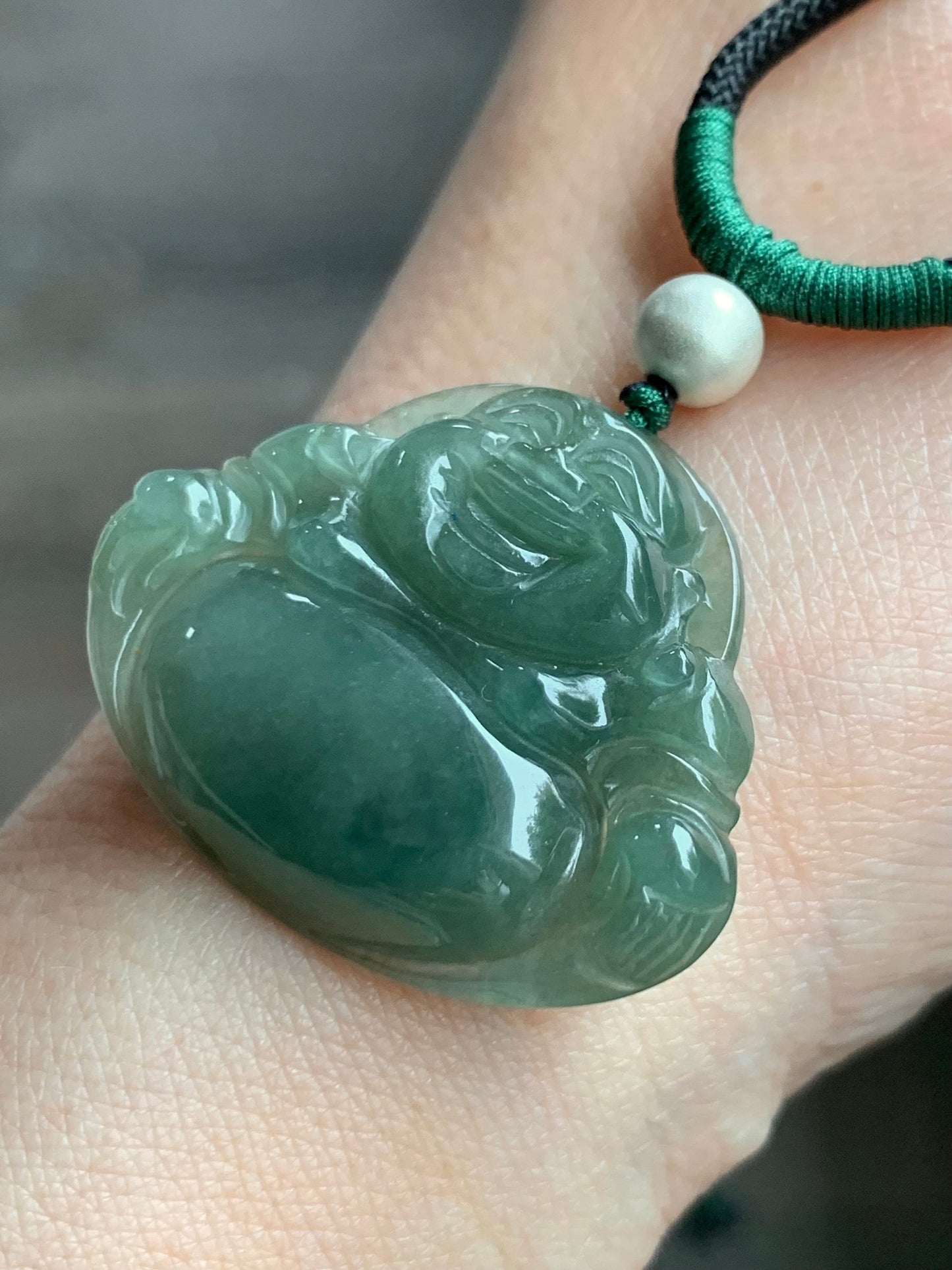 Natural Burmese Icy Translucent Gelatinous Dark "Tea" Green Jadeite Buddha Pendant Rope Necklace Sterling Silver 28” 天然缅甸老油青翡翠佛公吊坠 LYQ225D