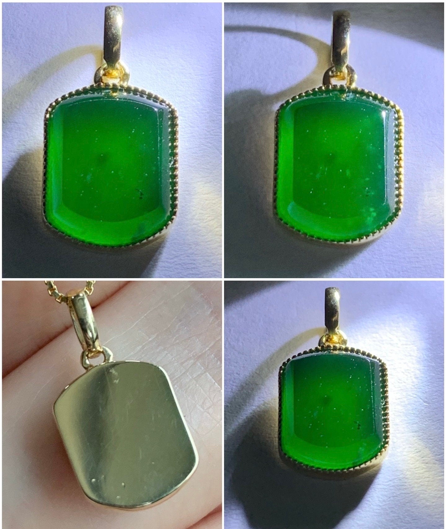 Certified Natural Guatemalan Premium Icy Highly Translucent Vibrant Green Jadeite Petite Pendant 18K Yellow Gold 1.14g 天然冰危绿翡翠无事牌镶嵌吊坠 1452