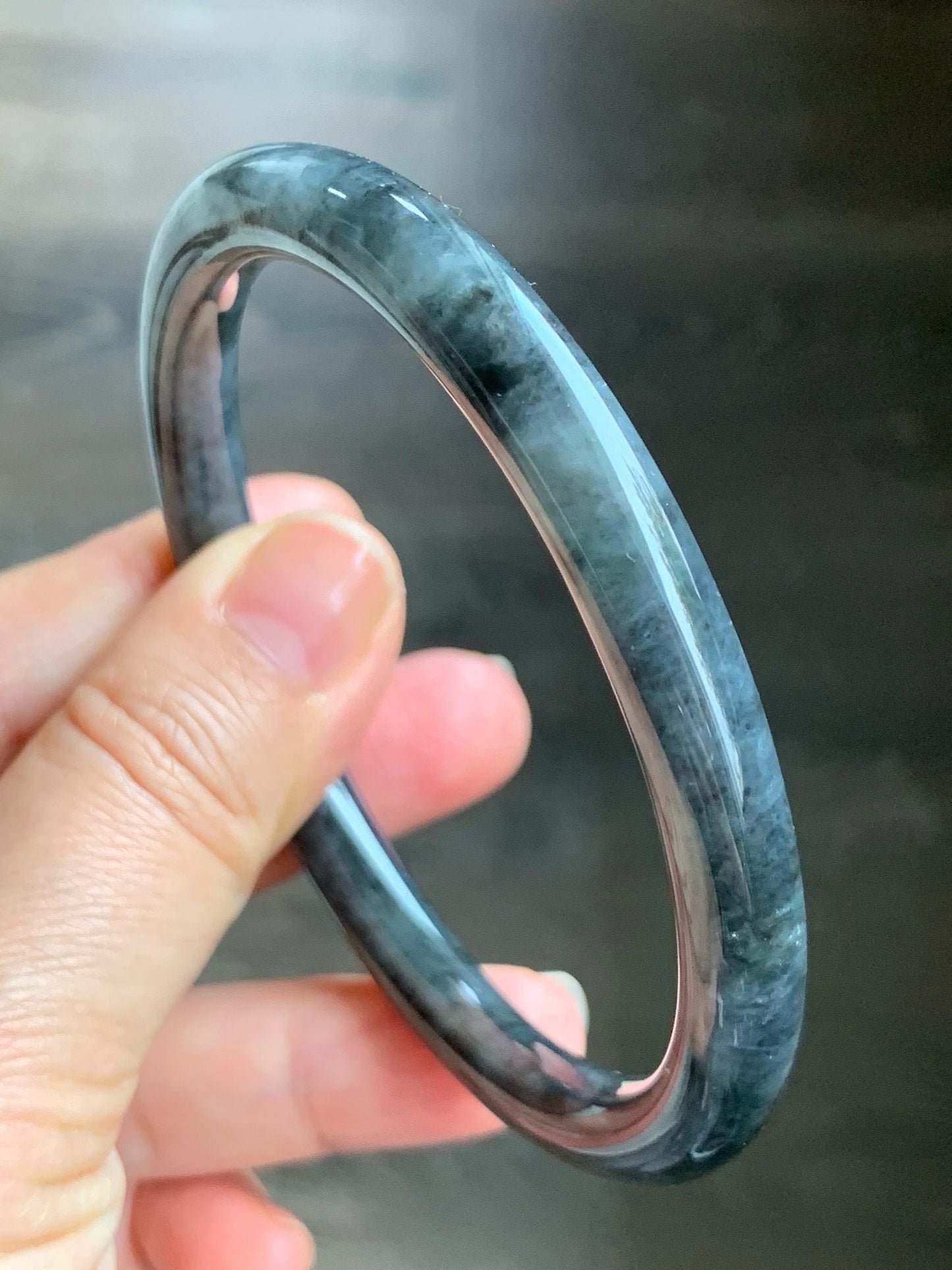 Certified Natural Burmese Icy Translucent Dark Wuji Jadeite Slim Bangle Bracelet 7.5x7.5mm 63mm 7.75” 34.10g 天然缅甸冰乌鸡翡翠圆条手镯 1491