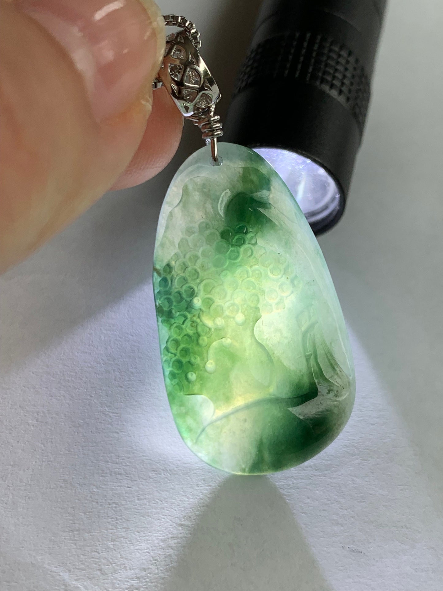 Natural Burmese Icy Translucent Gelatinous Dark Teal Green Marbled Jadeite Shan Shui Landscape Pendant Sterling Silver 6g 天然缅甸冰胶飘花翡翠山水牌吊坠