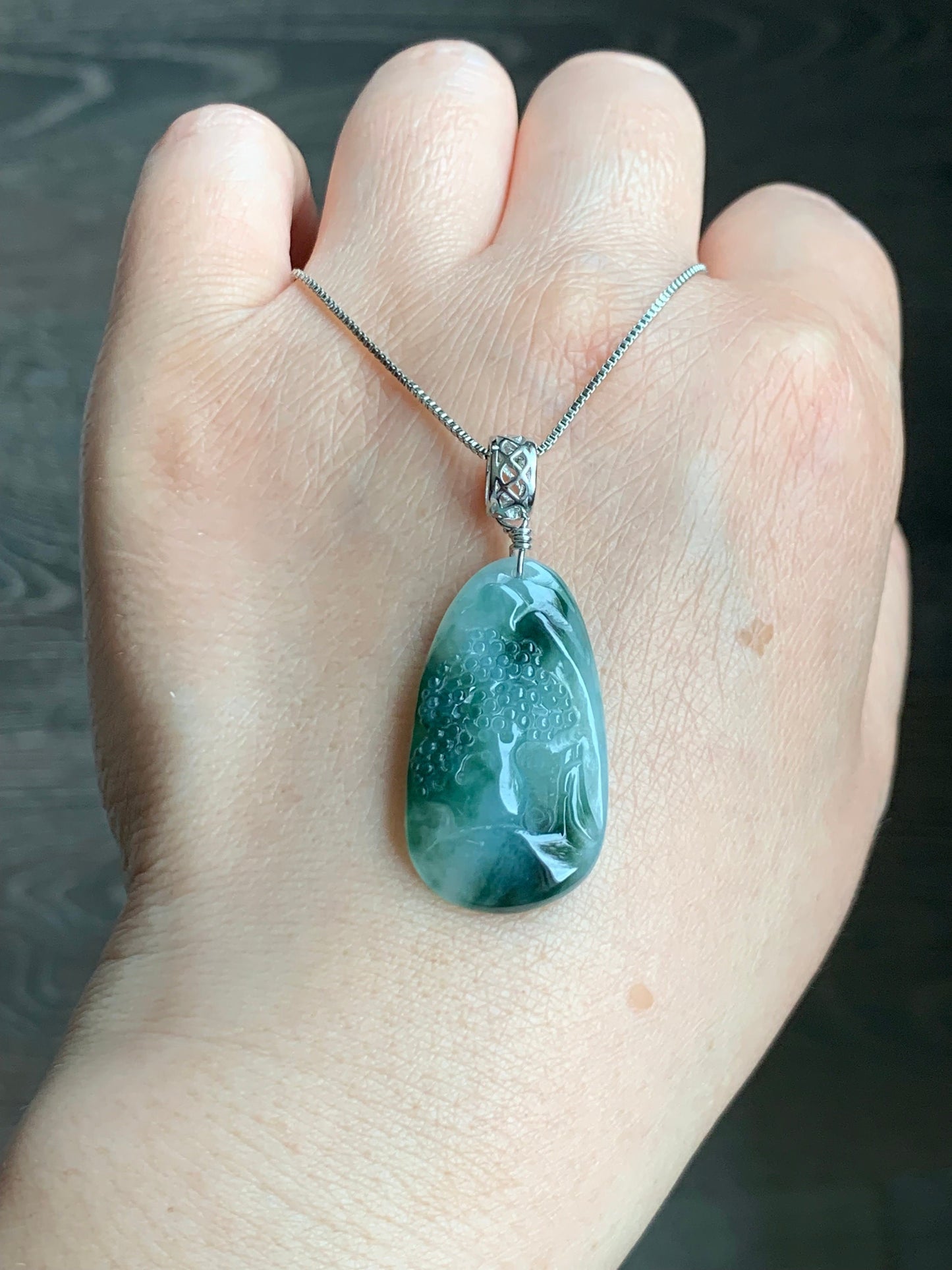 Natural Burmese Icy Translucent Gelatinous Dark Teal Green Marbled Jadeite Shan Shui Landscape Pendant Sterling Silver 6g 天然缅甸冰胶飘花翡翠山水牌吊坠