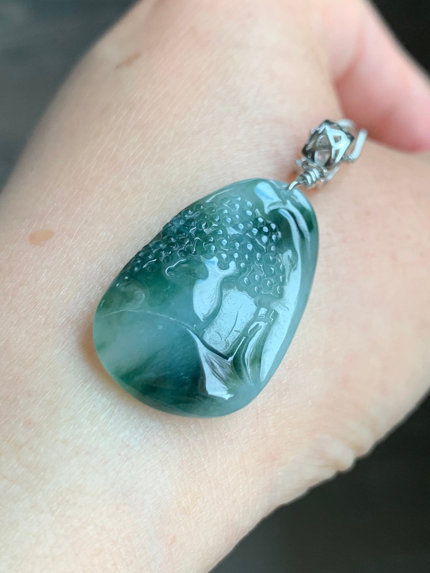 Natural Burmese Icy Translucent Gelatinous Dark Teal Green Marbled Jadeite Shan Shui Landscape Pendant Sterling Silver 6g 天然缅甸冰胶飘花翡翠山水牌吊坠