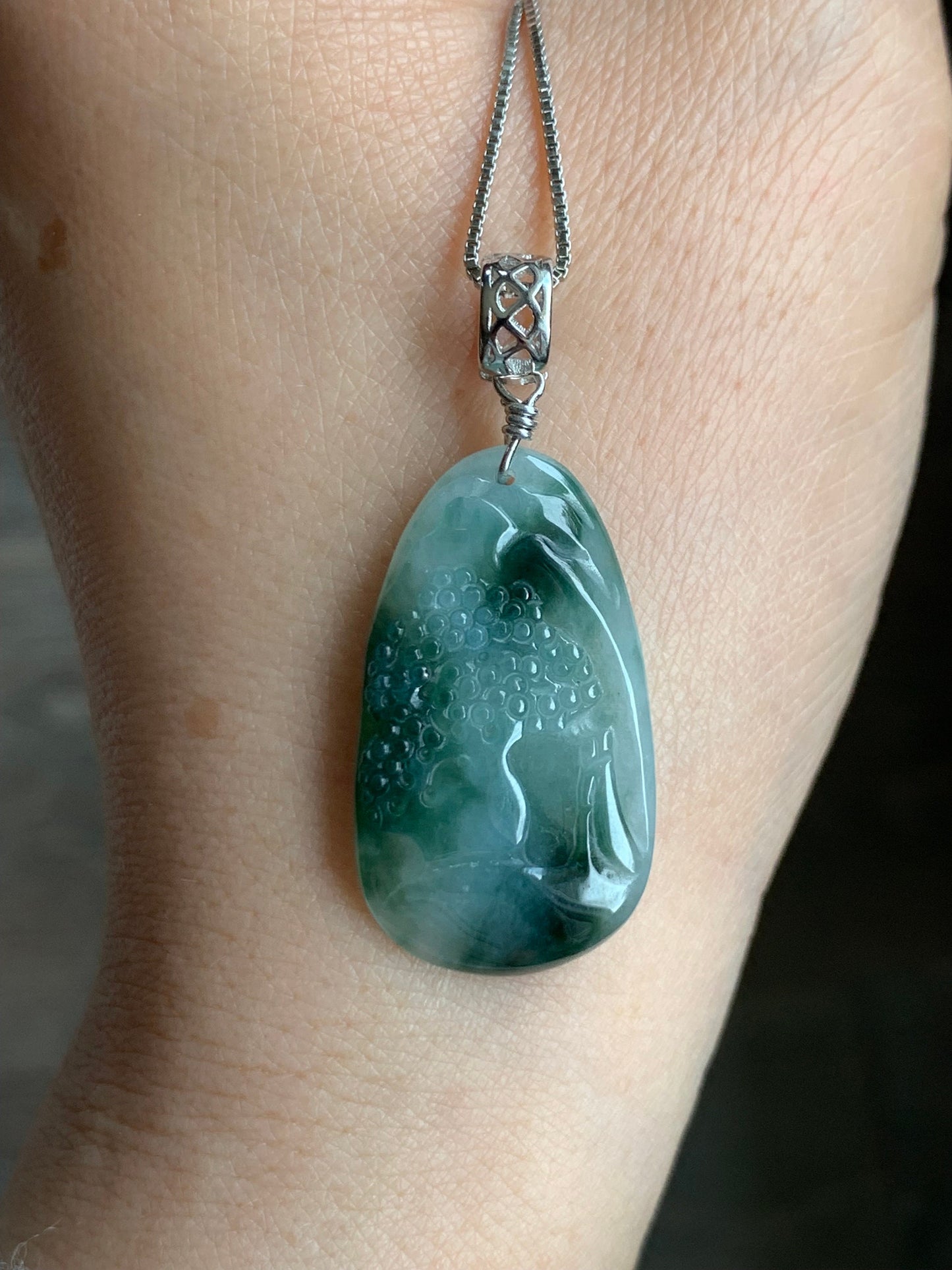 Natural Burmese Icy Translucent Gelatinous Dark Teal Green Marbled Jadeite Shan Shui Landscape Pendant Sterling Silver 6g 天然缅甸冰胶飘花翡翠山水牌吊坠
