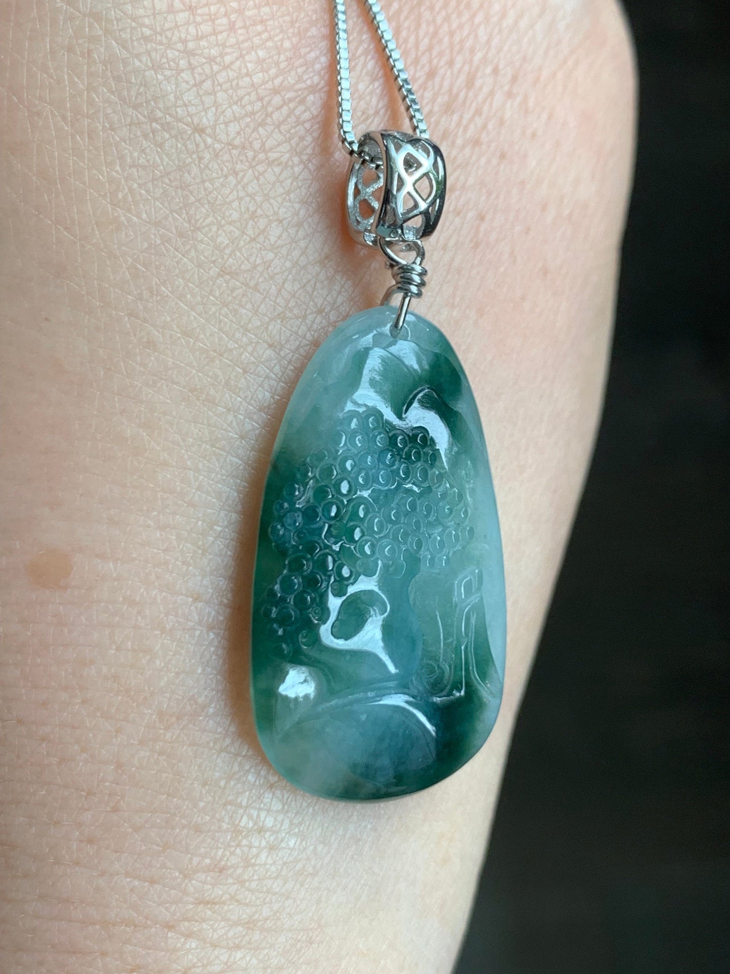 Natural Burmese Icy Translucent Gelatinous Dark Teal Green Marbled Jadeite Shan Shui Landscape Pendant Sterling Silver 6g 天然缅甸冰胶飘花翡翠山水牌吊坠