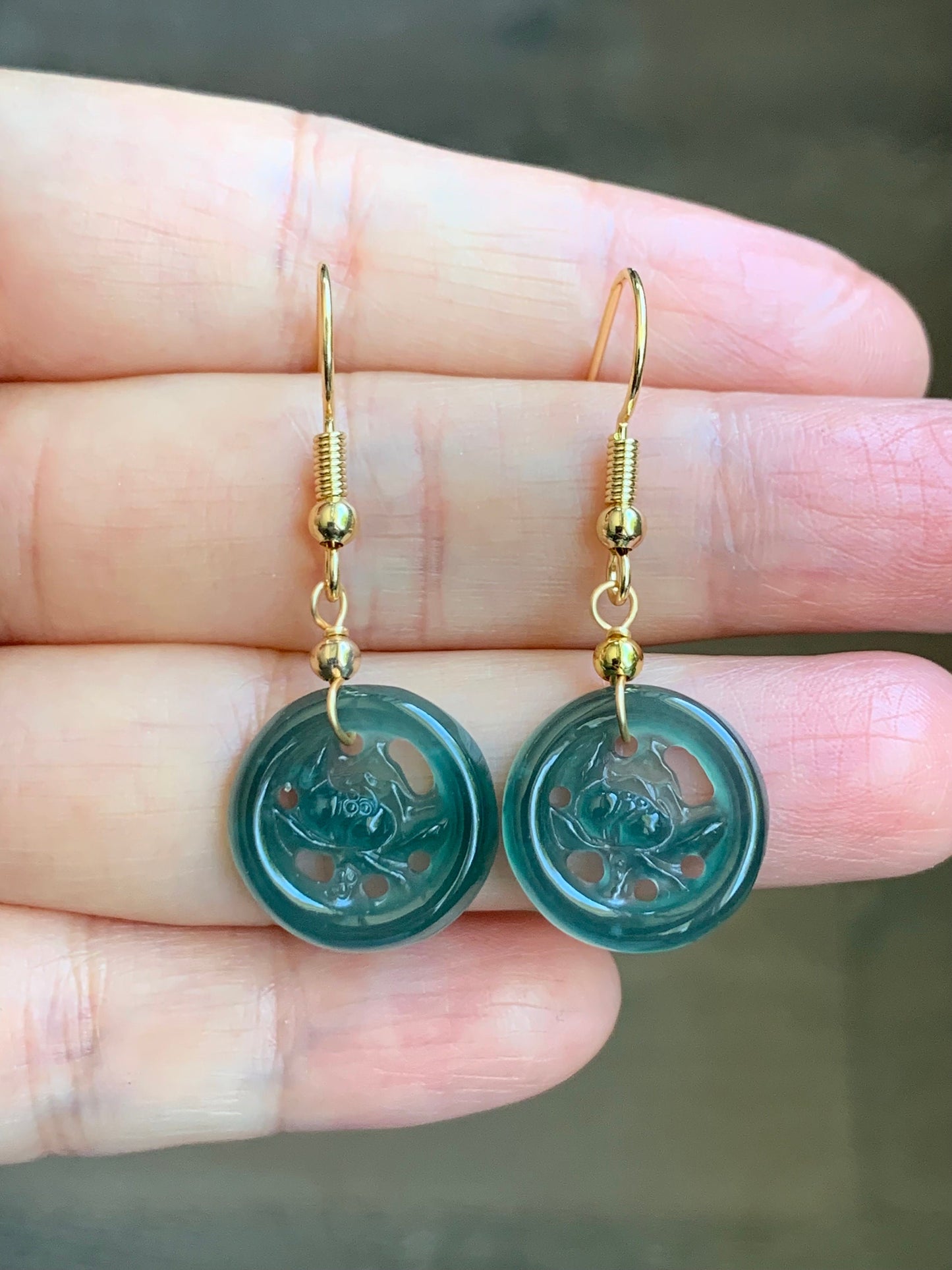June Special! Natural Guatemalan Icy Highly Translucent Dark Teal Green Jadeite Lotus Flower Dangle Earrings 14K Gold Plated 天然冰危蓝绿翡翠莲花牌包金耳吊