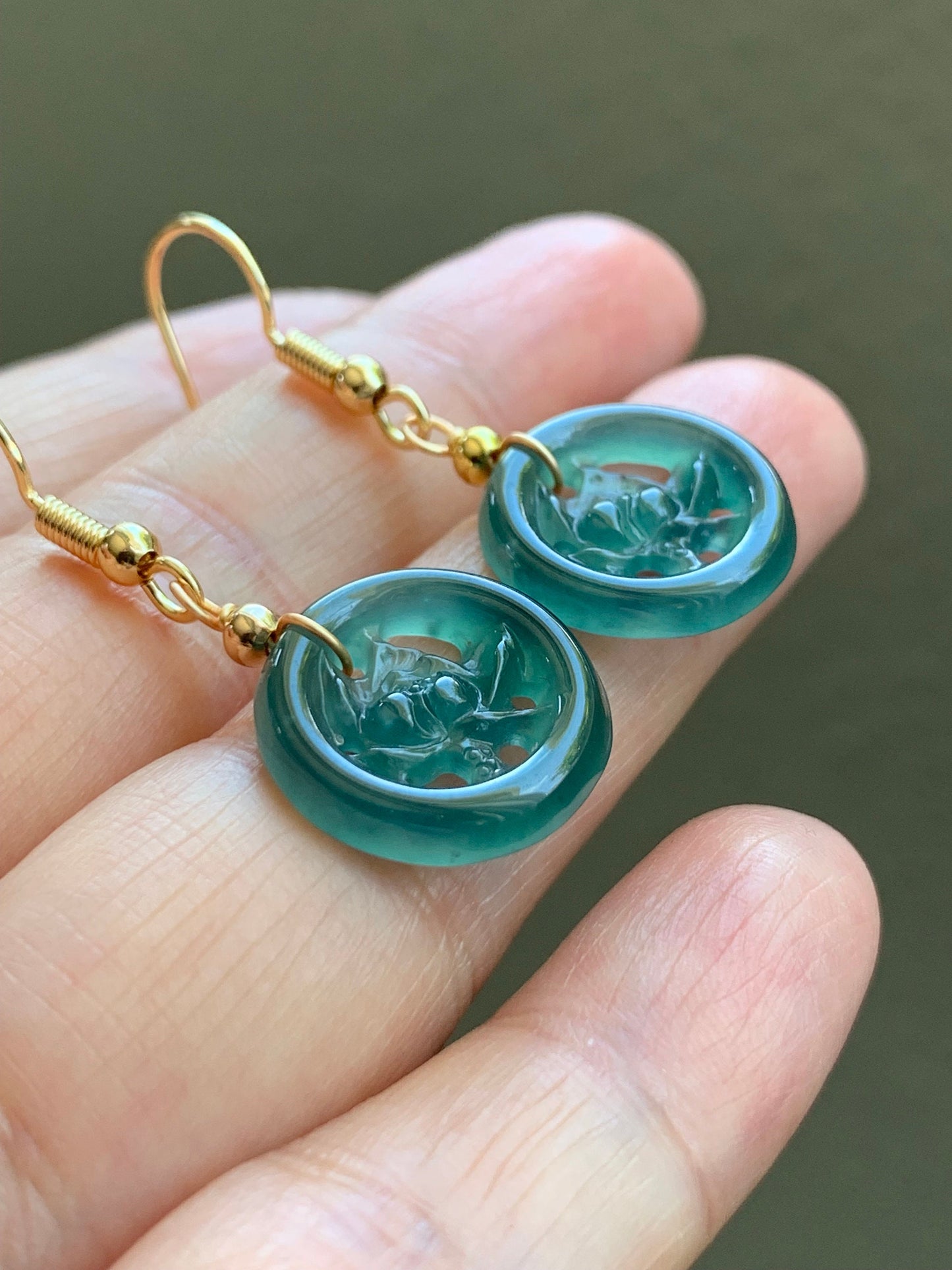 June Special! Natural Guatemalan Icy Highly Translucent Dark Teal Green Jadeite Lotus Flower Dangle Earrings 14K Gold Plated 天然冰危蓝绿翡翠莲花牌包金耳吊