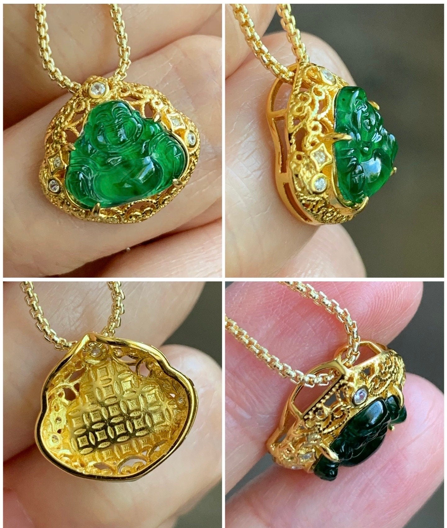 Natural Guatemalan Icy Highly Translucent Vibrant Green Jadeite Carved Buddha Pendant Sterling Silver Yellow Gold Overlay 天然冰危阳绿翡翠佛公镶嵌吊坠