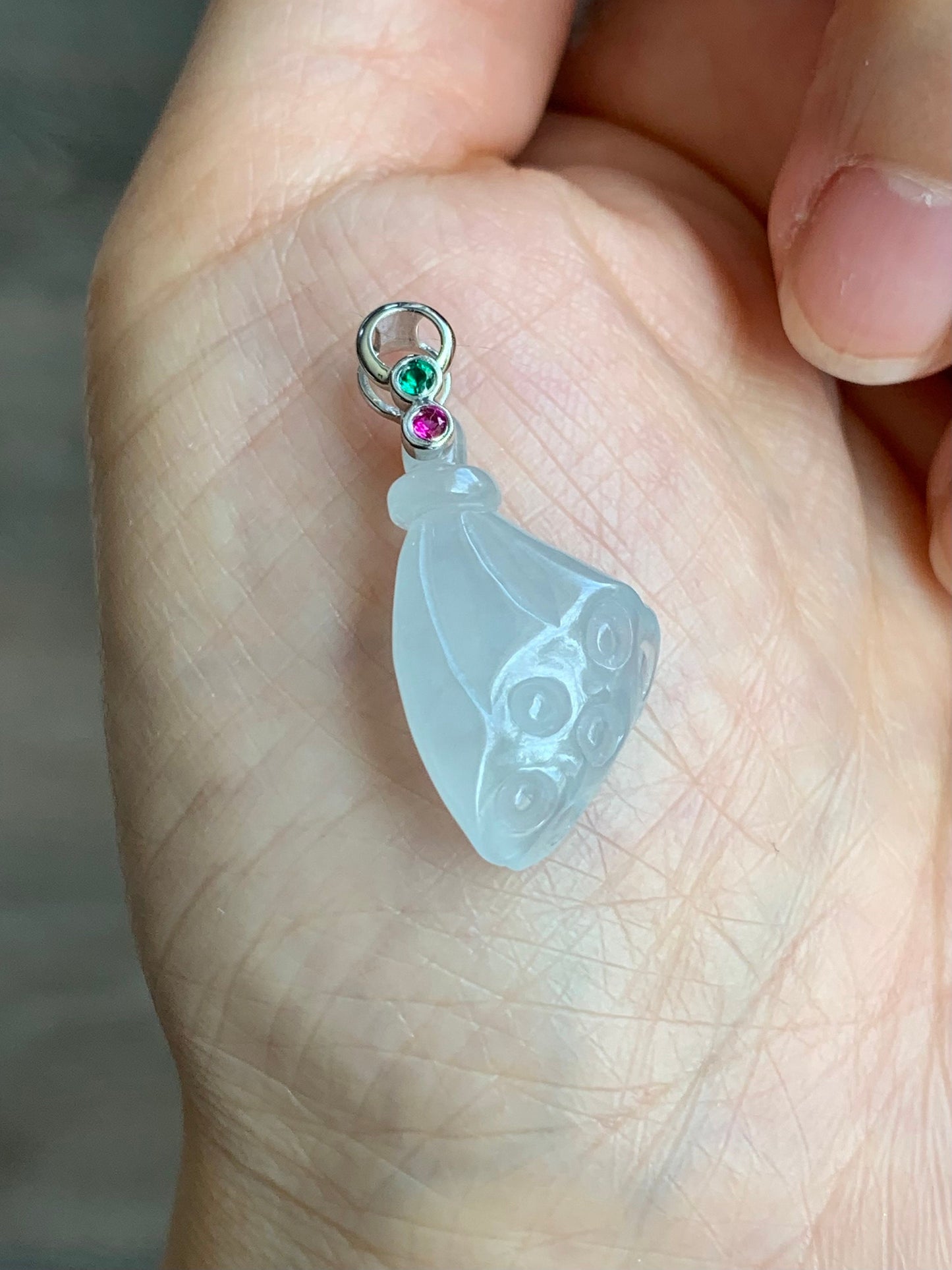 Certified Natural Burmese Icy Translucent Gelatinous White Jadeite Carved Lotus Pod Pendant 18K White Gold 天然缅甸白冰胶翡翠莲蓬镶嵌吊坠