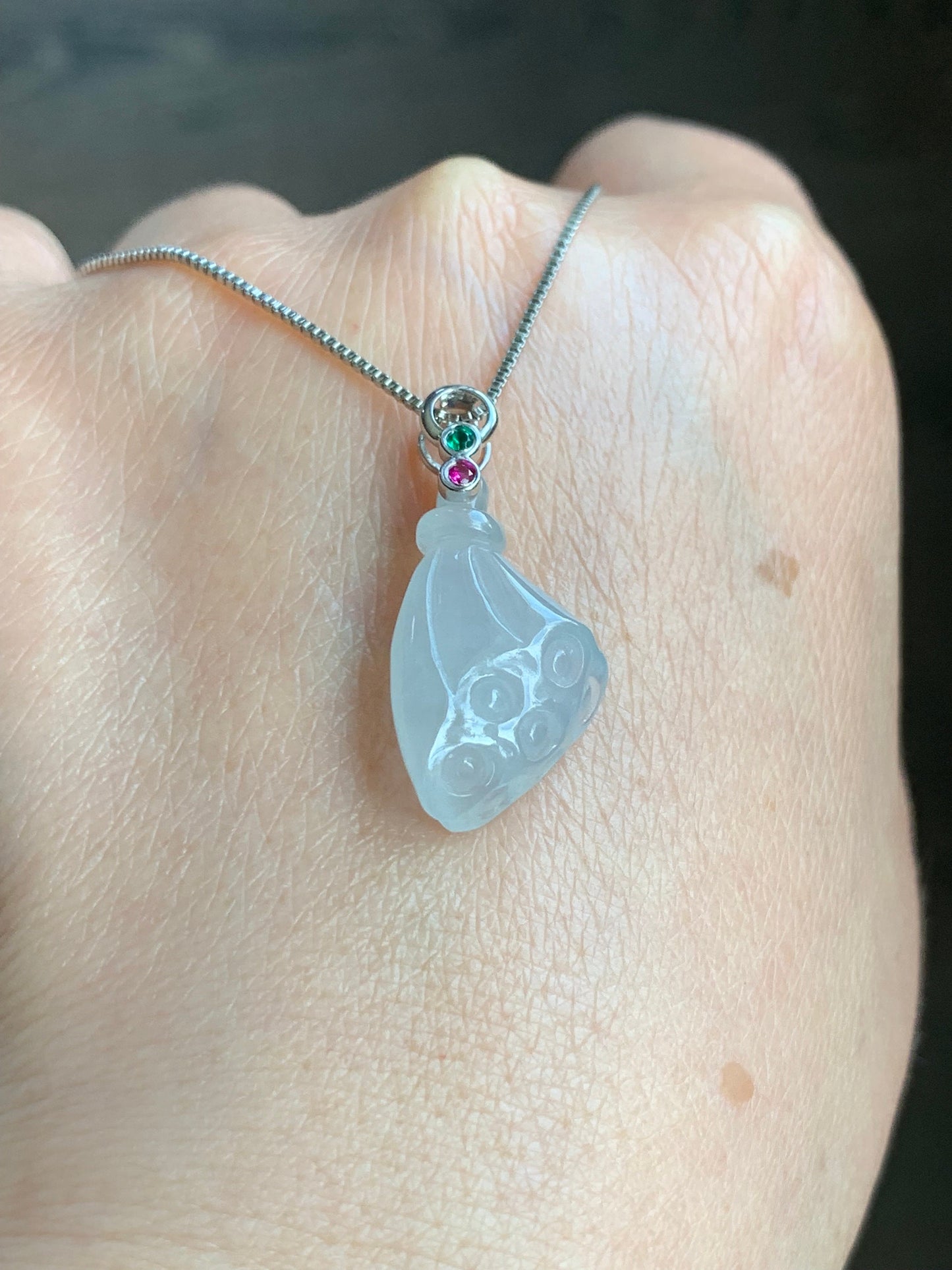 Certified Natural Burmese Icy Translucent Gelatinous White Jadeite Carved Lotus Pod Pendant 18K White Gold 天然缅甸白冰胶翡翠莲蓬镶嵌吊坠