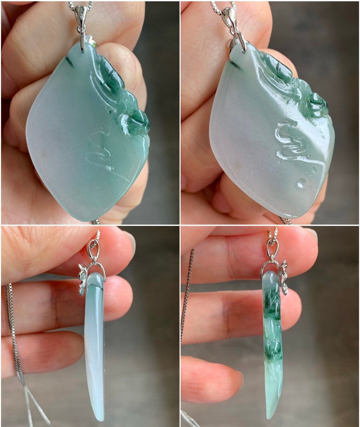 Certified Natural Burmese Icy Translucent Gelatinous Green Marbled Jadeite Diamond Pendant w/ Cherry Blossoms Sterling Silver 天然缅甸冰晴飘绿花翡翠吊坠