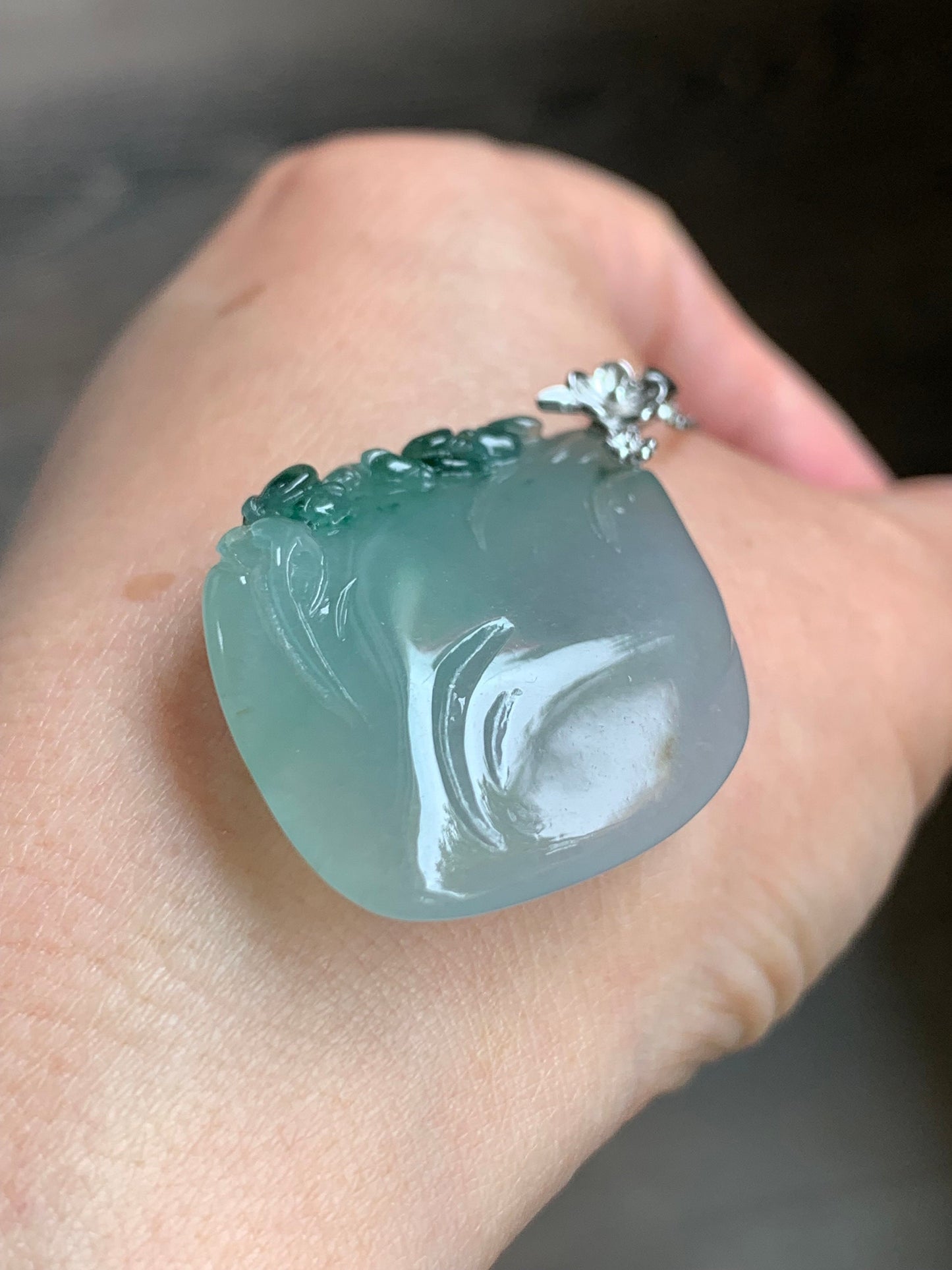 Certified Natural Burmese Icy Translucent Gelatinous Green Marbled Jadeite Diamond Pendant w/ Cherry Blossoms Sterling Silver 天然缅甸冰晴飘绿花翡翠吊坠