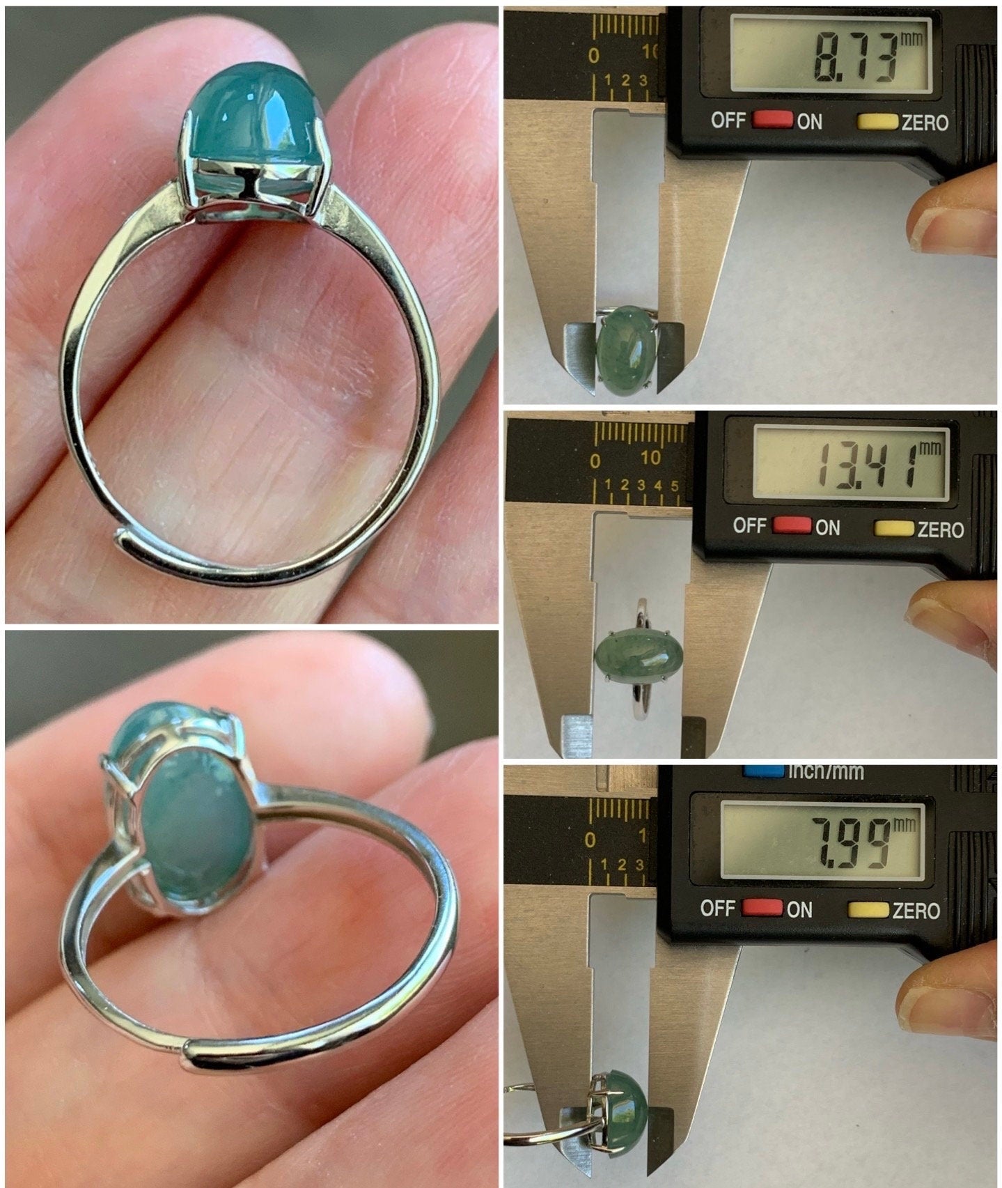 Natural Burmese Icy Translucent Gelatinous Light Green Jadeite Oval Cabochon Solitaire Ring Sterling Silver Adjustable 天然缅甸冰晴绿翡翠银镶戒指 MQ80
