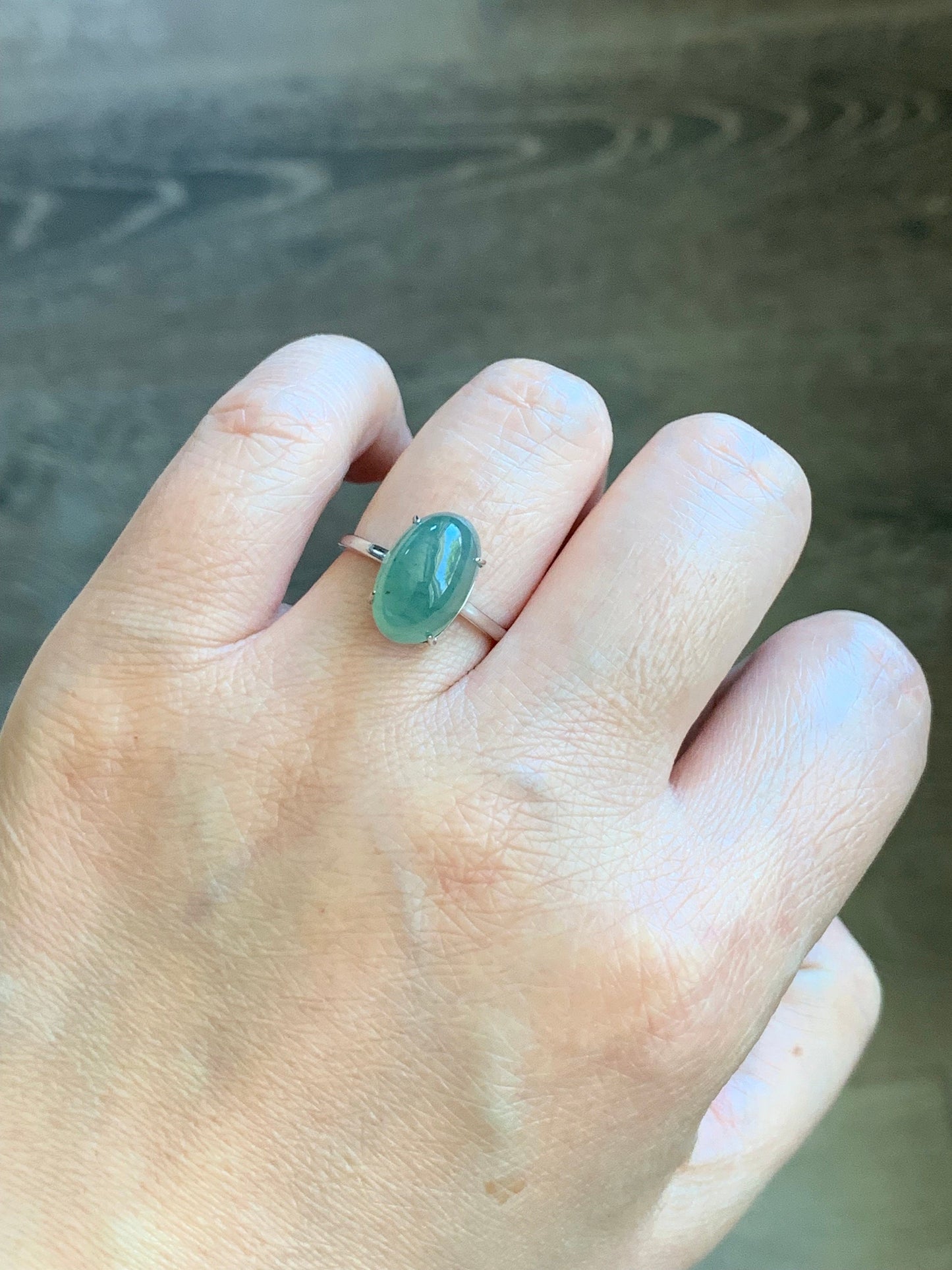 Natural Burmese Icy Translucent Gelatinous Light Green Jadeite Oval Cabochon Solitaire Ring Sterling Silver Adjustable 天然缅甸冰晴绿翡翠银镶戒指 MQ80