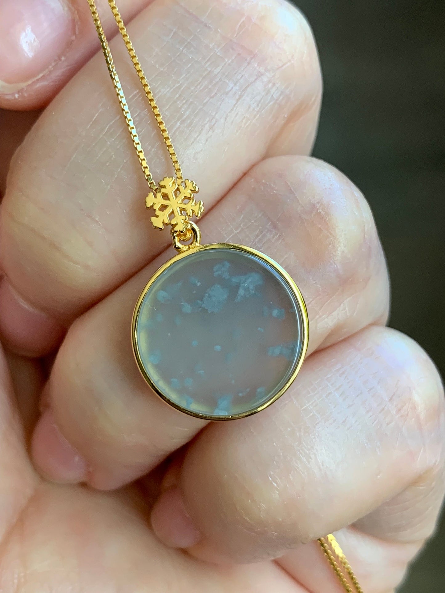 Natural Guatemalan Icy Highly Translation Light Blue Jadeite Round Wu Shi Pai Pendant Sterling Silver Yellow Gold Finish 天然冰危浅蓝翡翠无事牌镶嵌吊坠 B